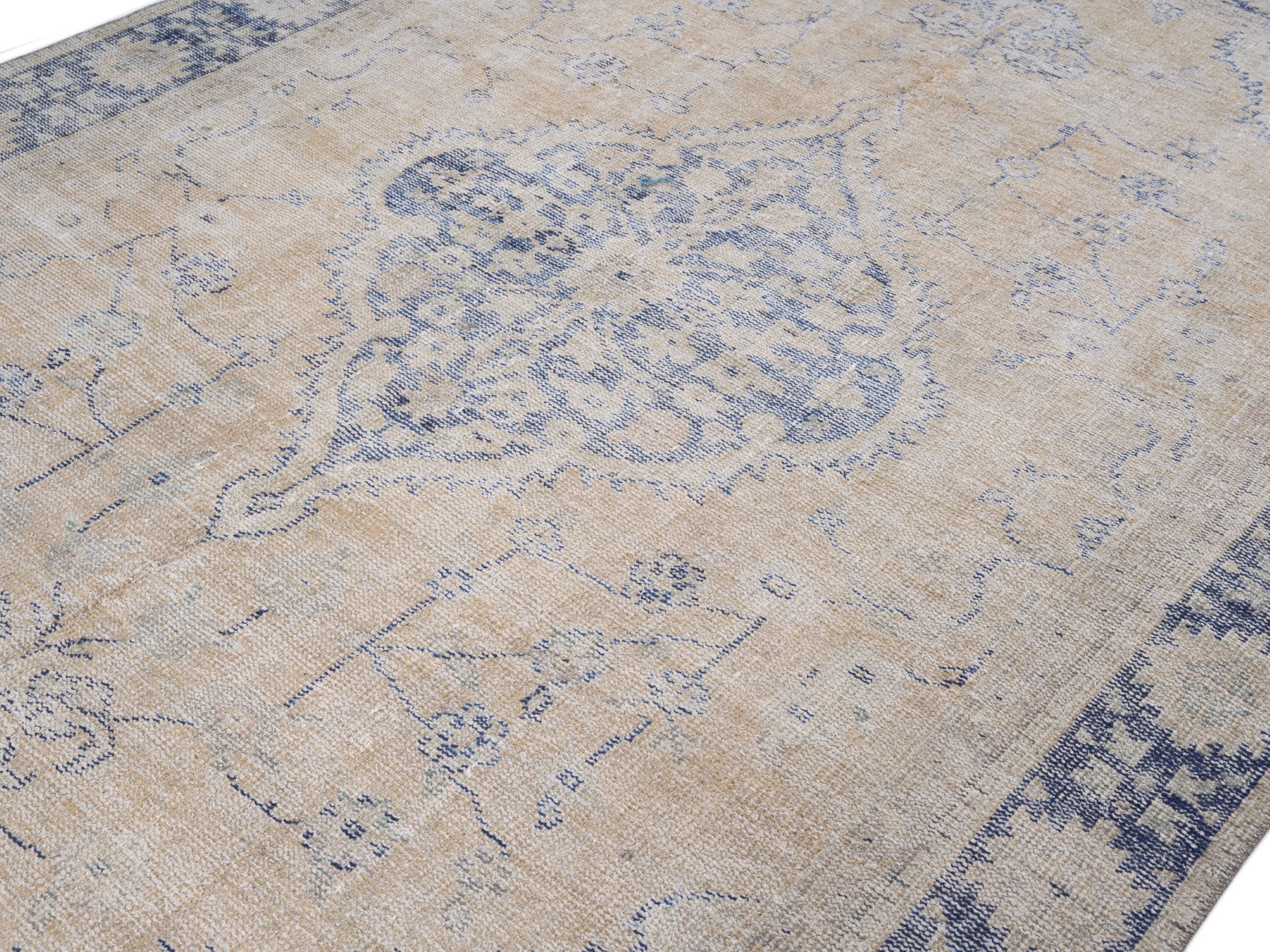 Turkish Manisa area rug in cream and navy, view 5 of 10
