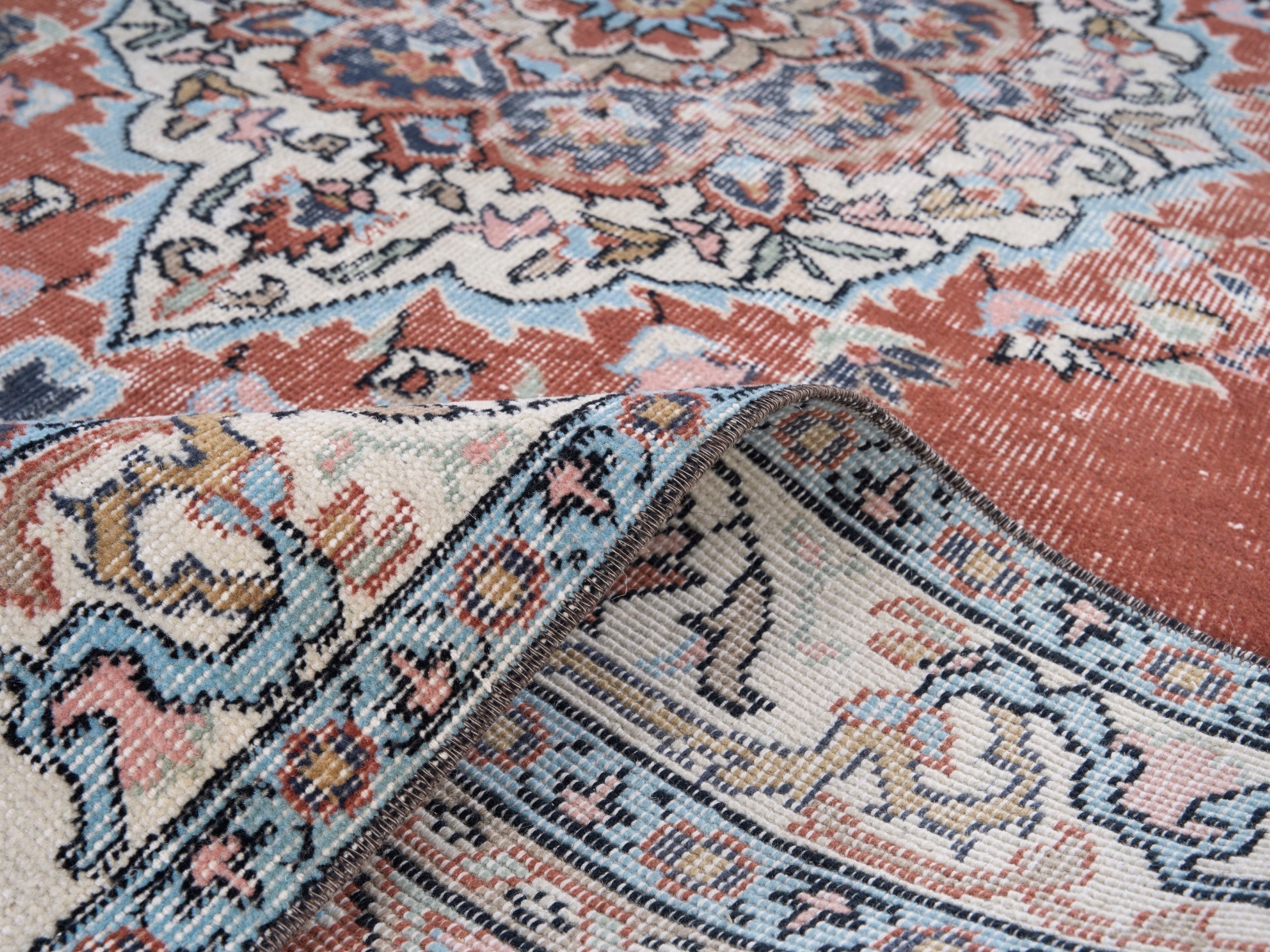 Turkish Isparta area rug in terracotta and off-white, view 9 of 10