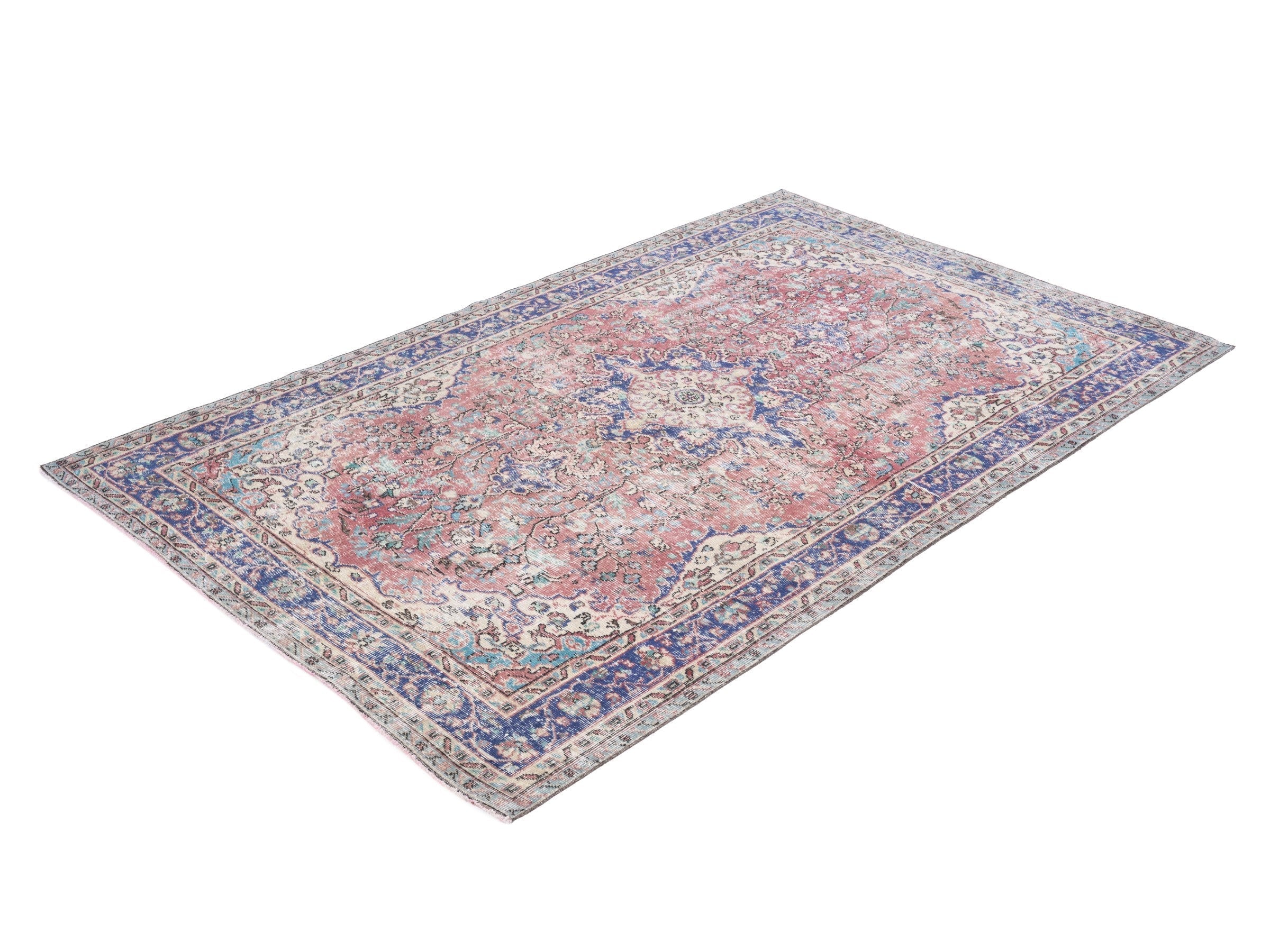 Turkish Isparta area rug in faded red and deep indigo, view 3 of 10