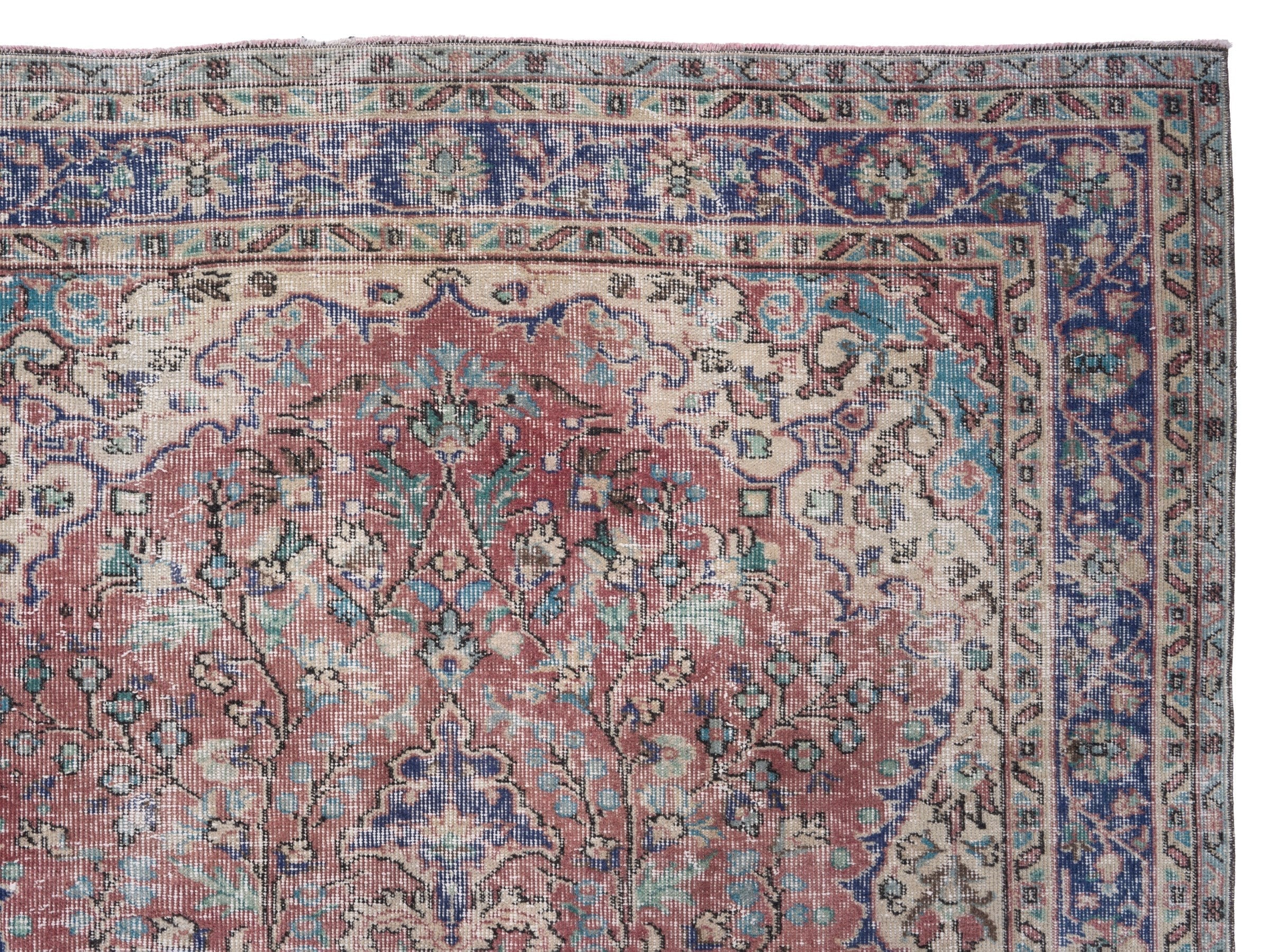 Turkish Isparta area rug in faded red and deep indigo, view 8 of 10