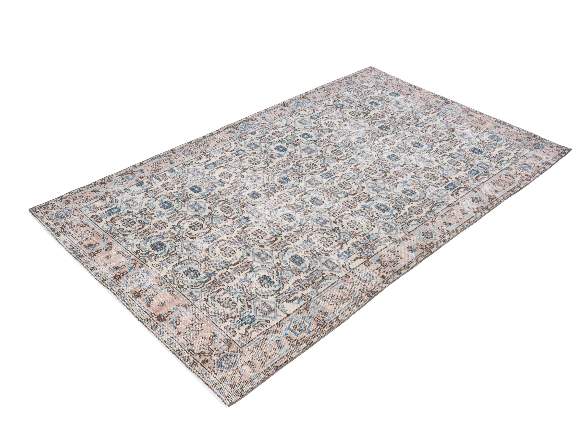 Turkish Isparta area rug in cream and dusty blue, view 3 of 10