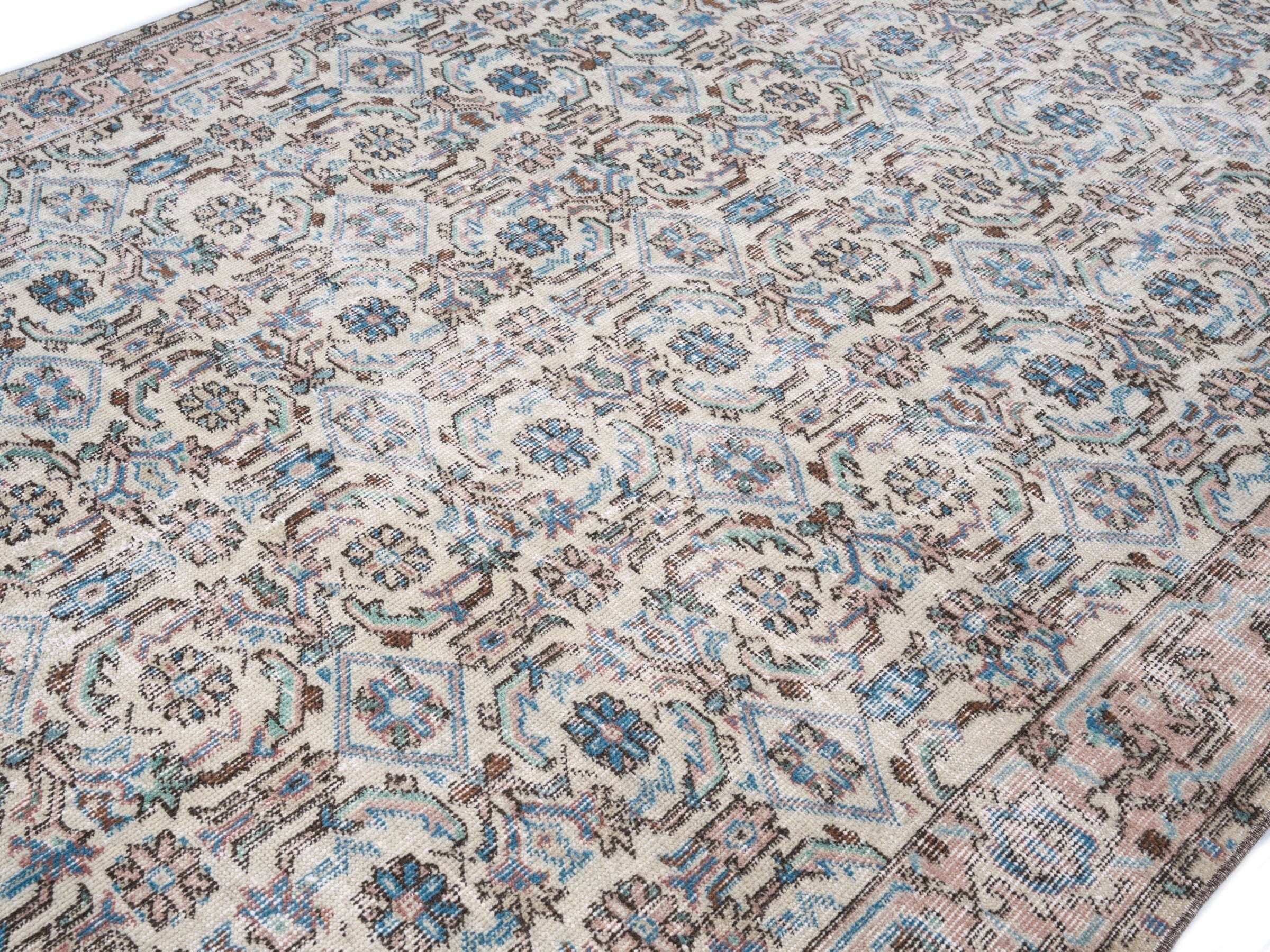 Turkish Isparta area rug in cream and dusty blue, view 5 of 10