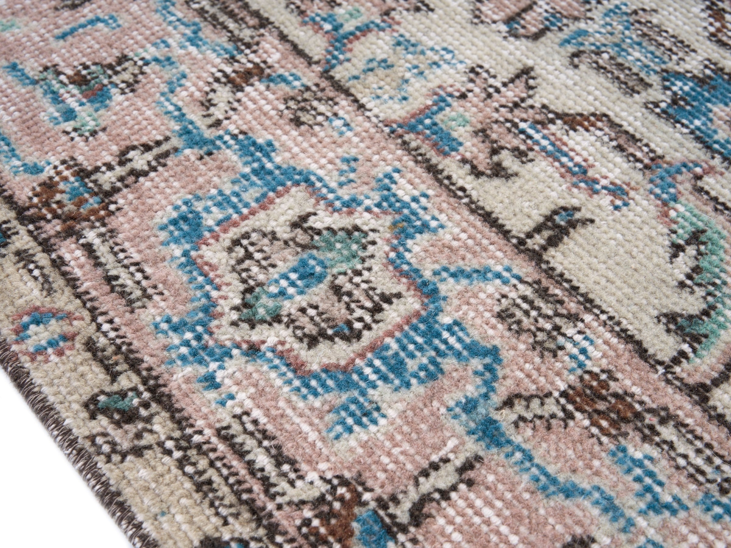 Turkish Isparta area rug in cream and dusty blue, view 6 of 10