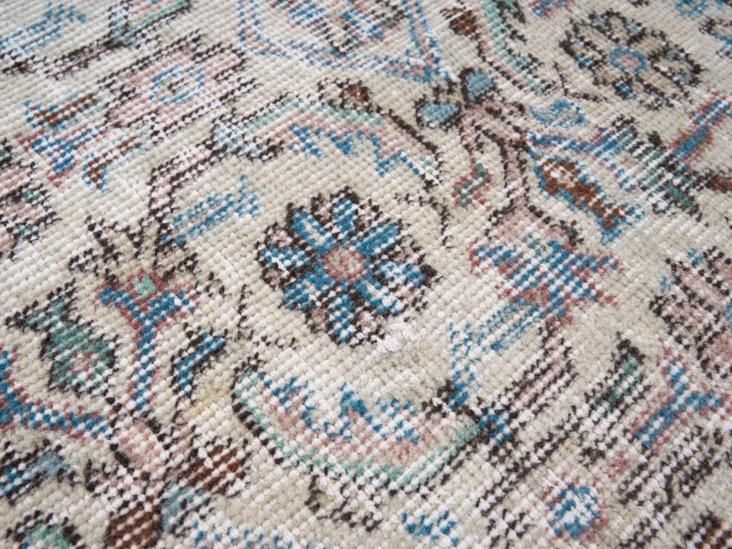 Turkish Isparta area rug in cream and dusty blue, view 7 of 10