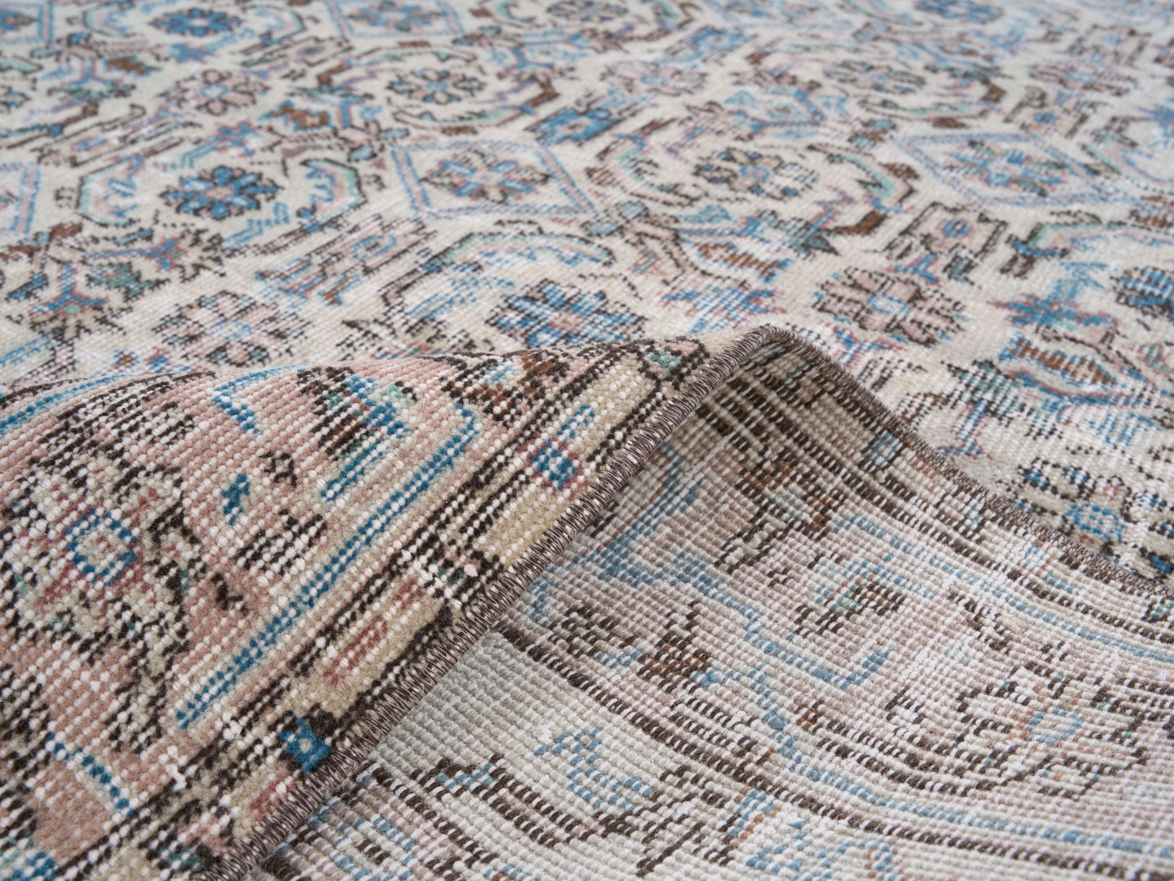 Turkish Isparta area rug in cream and dusty blue, view 9 of 10