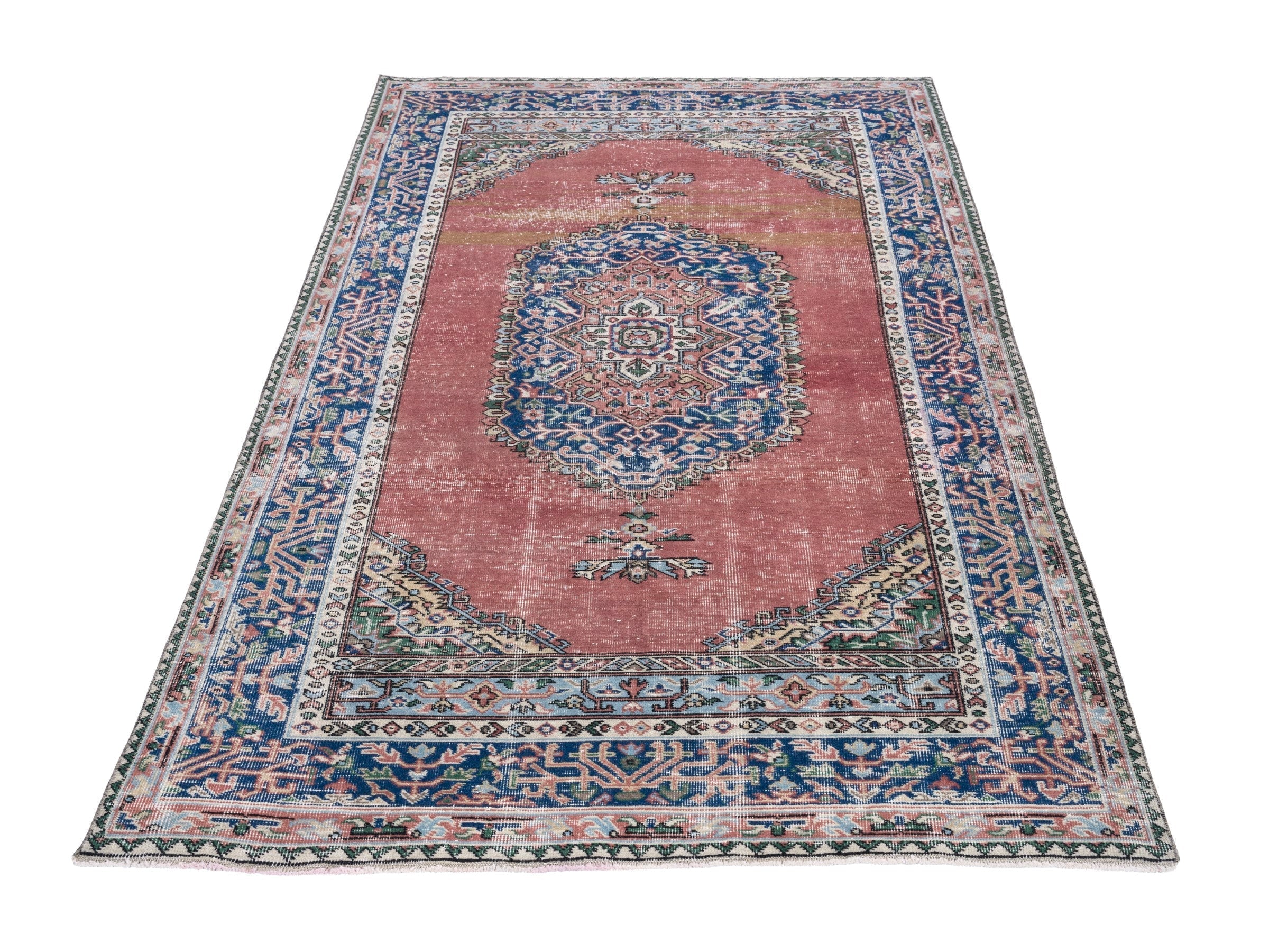Turkish Isparta area rug in dusty rose and navy, view 2 of 10