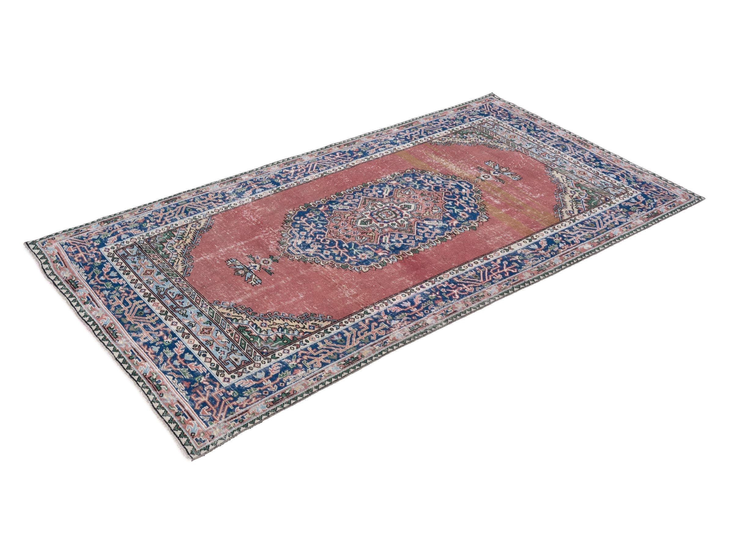 Turkish Isparta area rug in dusty rose and navy, view 3 of 10