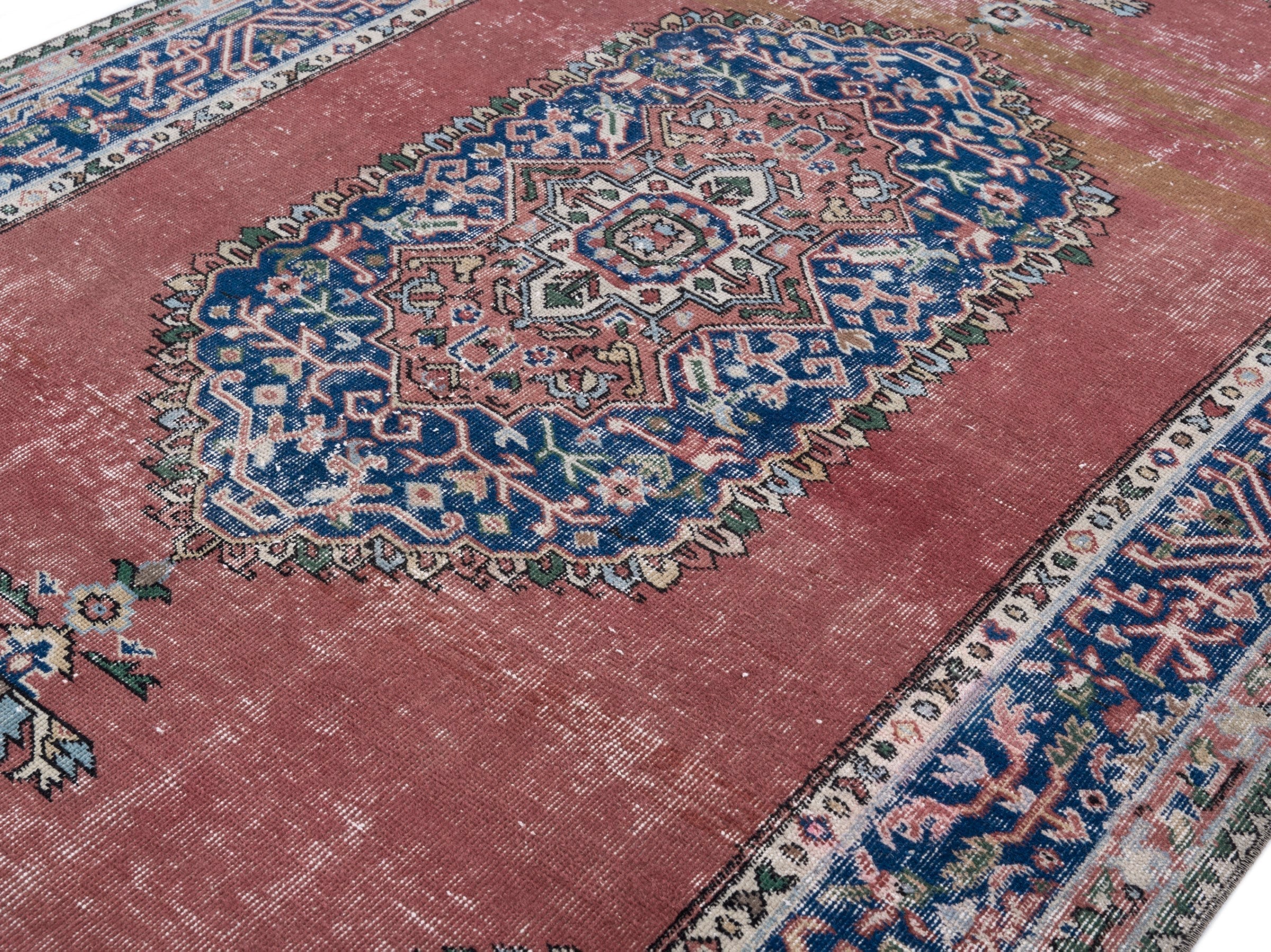Turkish Isparta area rug in dusty rose and navy, view 5 of 10