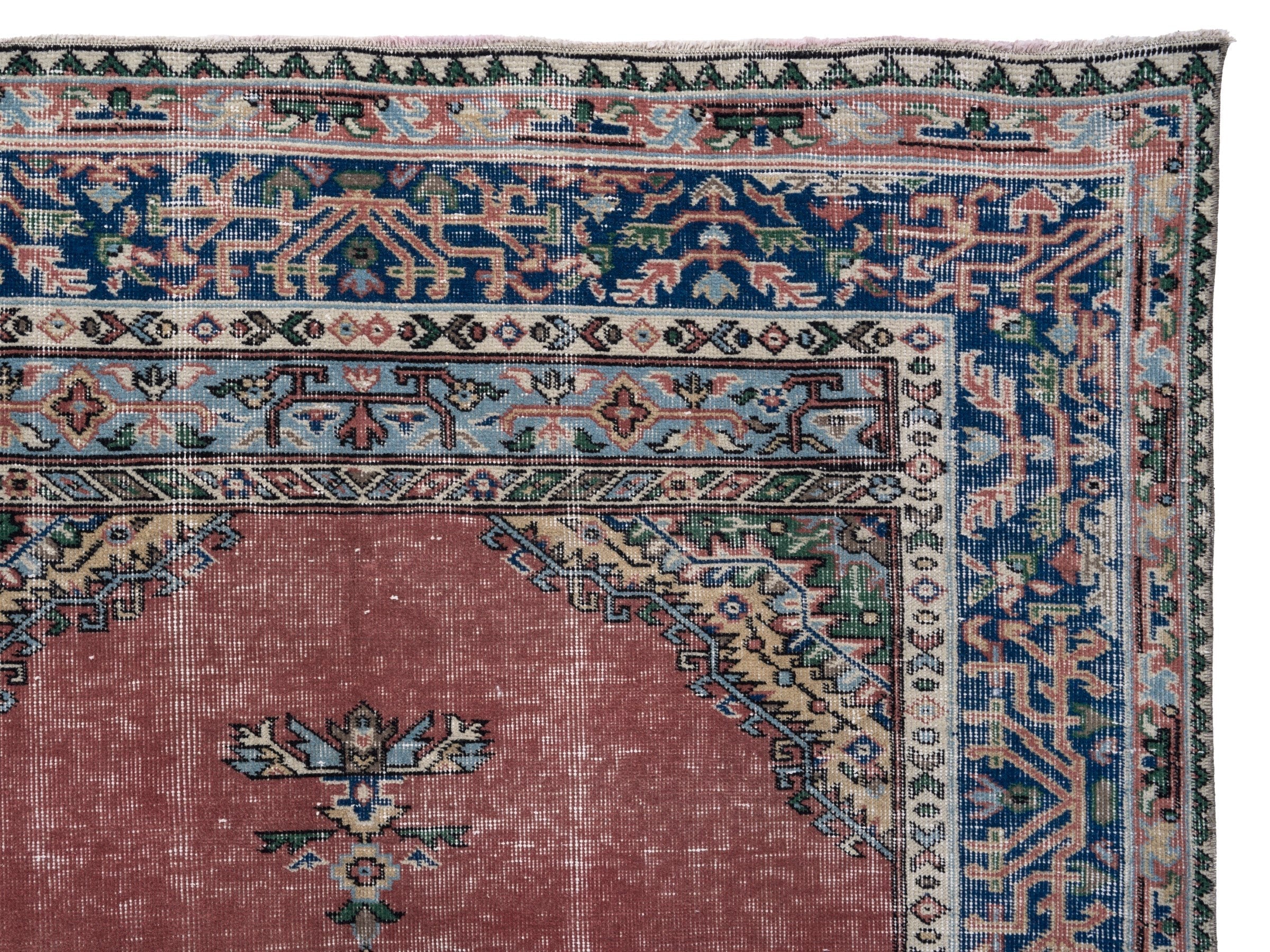 Turkish Isparta area rug in dusty rose and navy, view 8 of 10