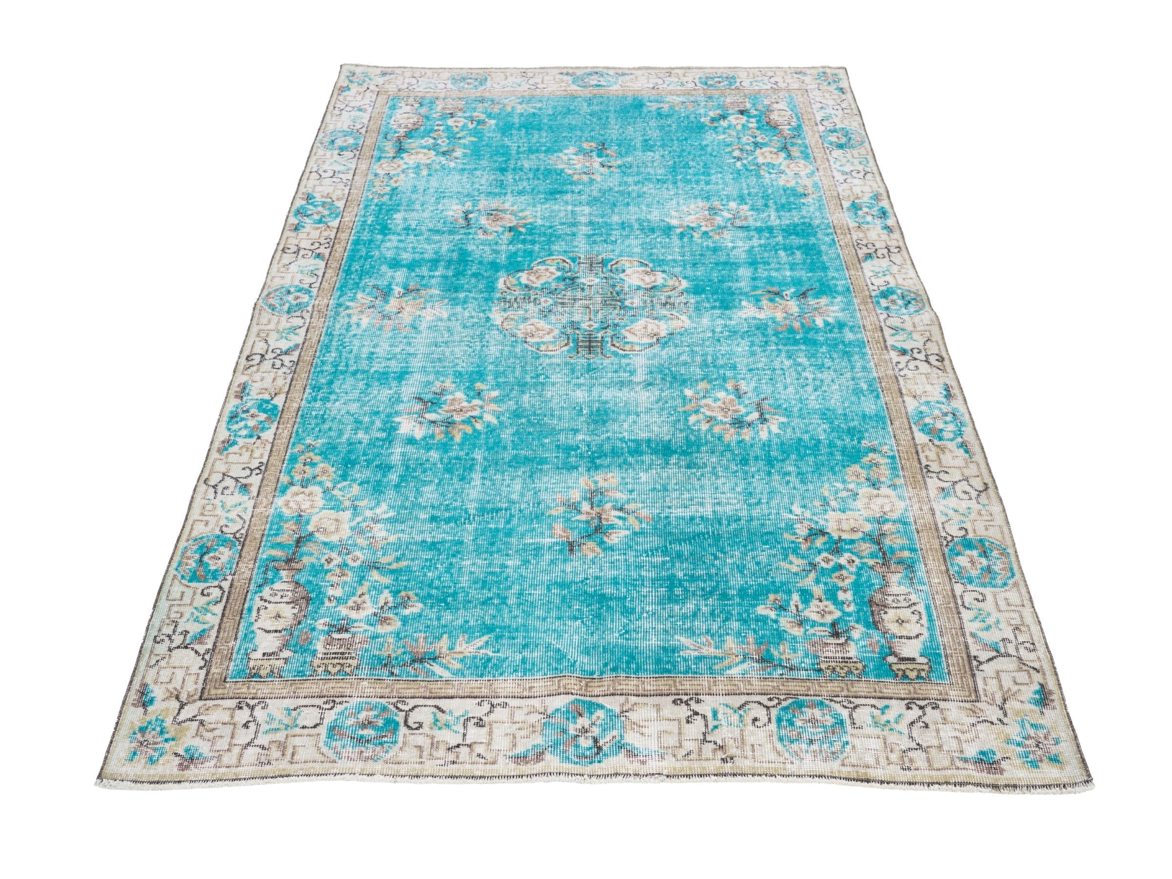 Turkish Isparta area rug in turquoise and off-white, view 2 of 10