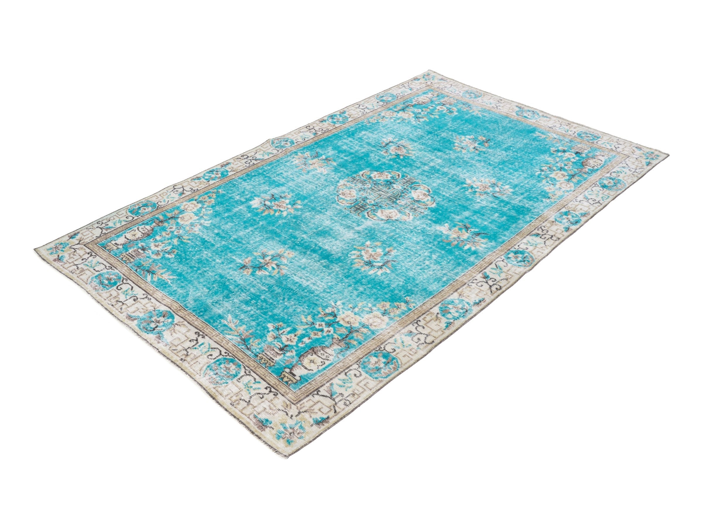 Turkish Isparta area rug in turquoise and off-white, view 3 of 10