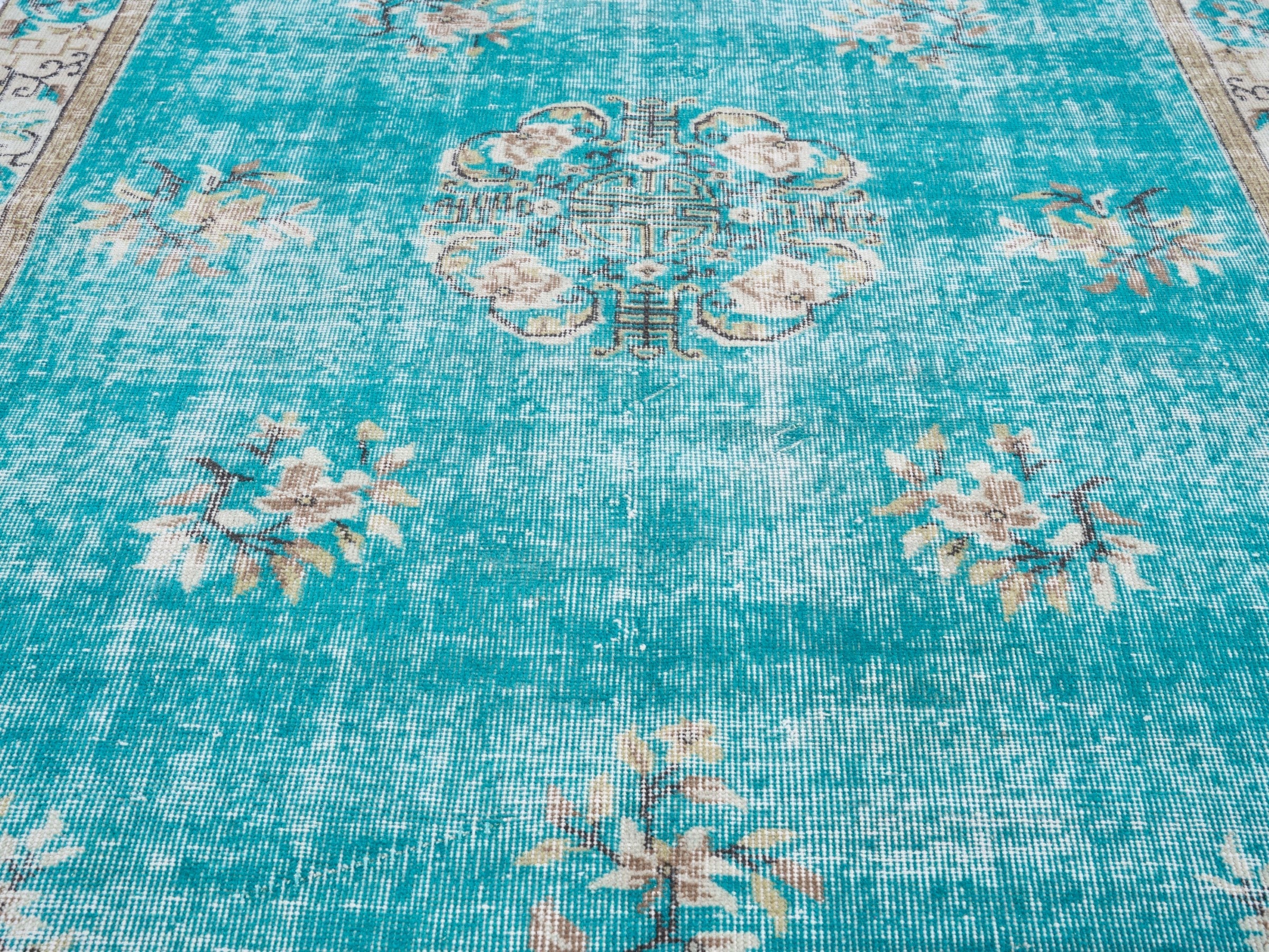 Turkish Isparta area rug in turquoise and off-white, view 4 of 10