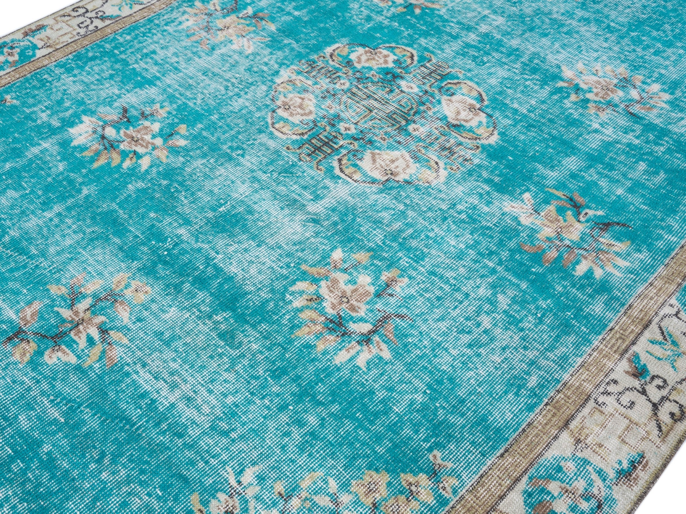 Turkish Isparta area rug in turquoise and off-white, view 5 of 10