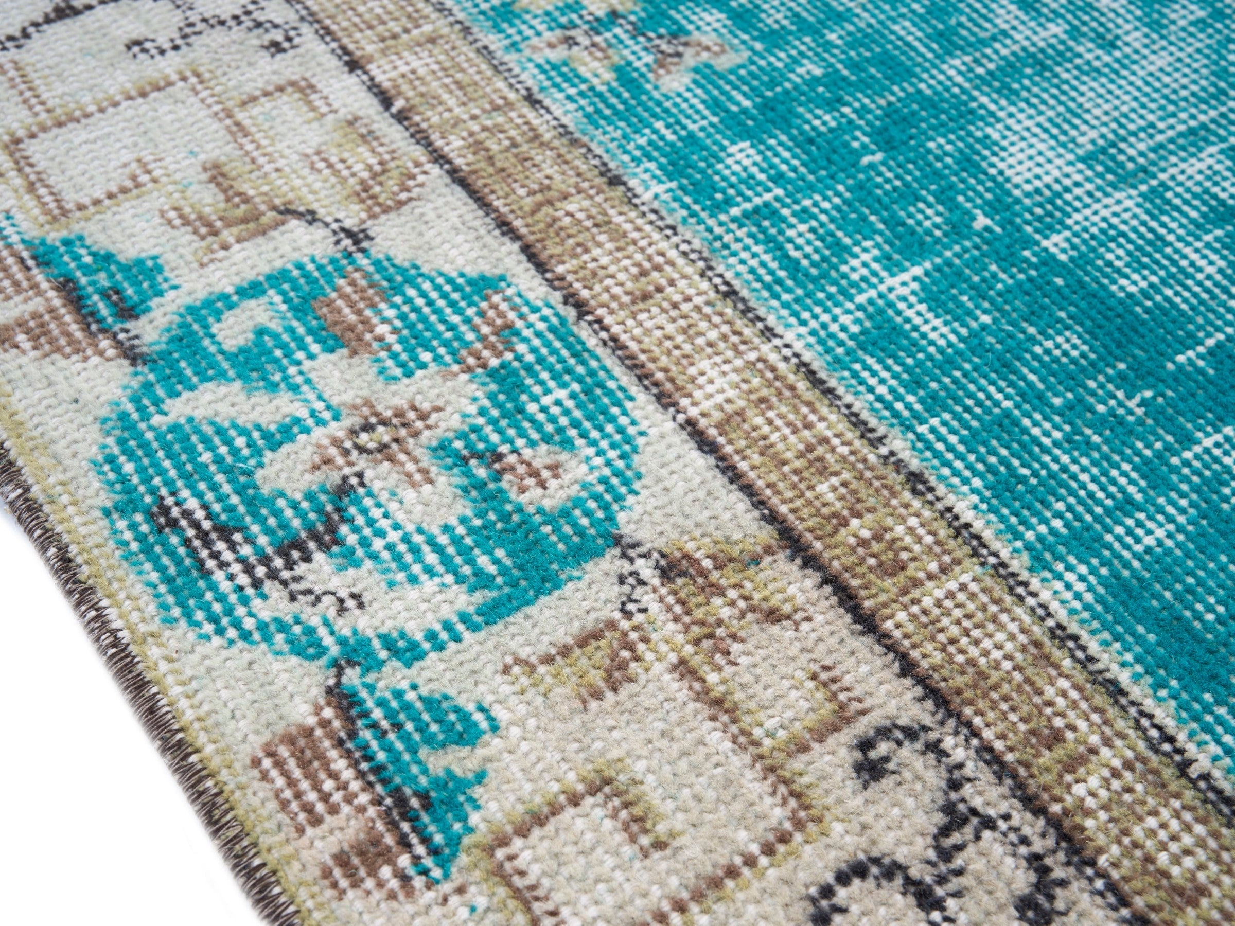 Turkish Isparta area rug in turquoise and off-white, view 6 of 10