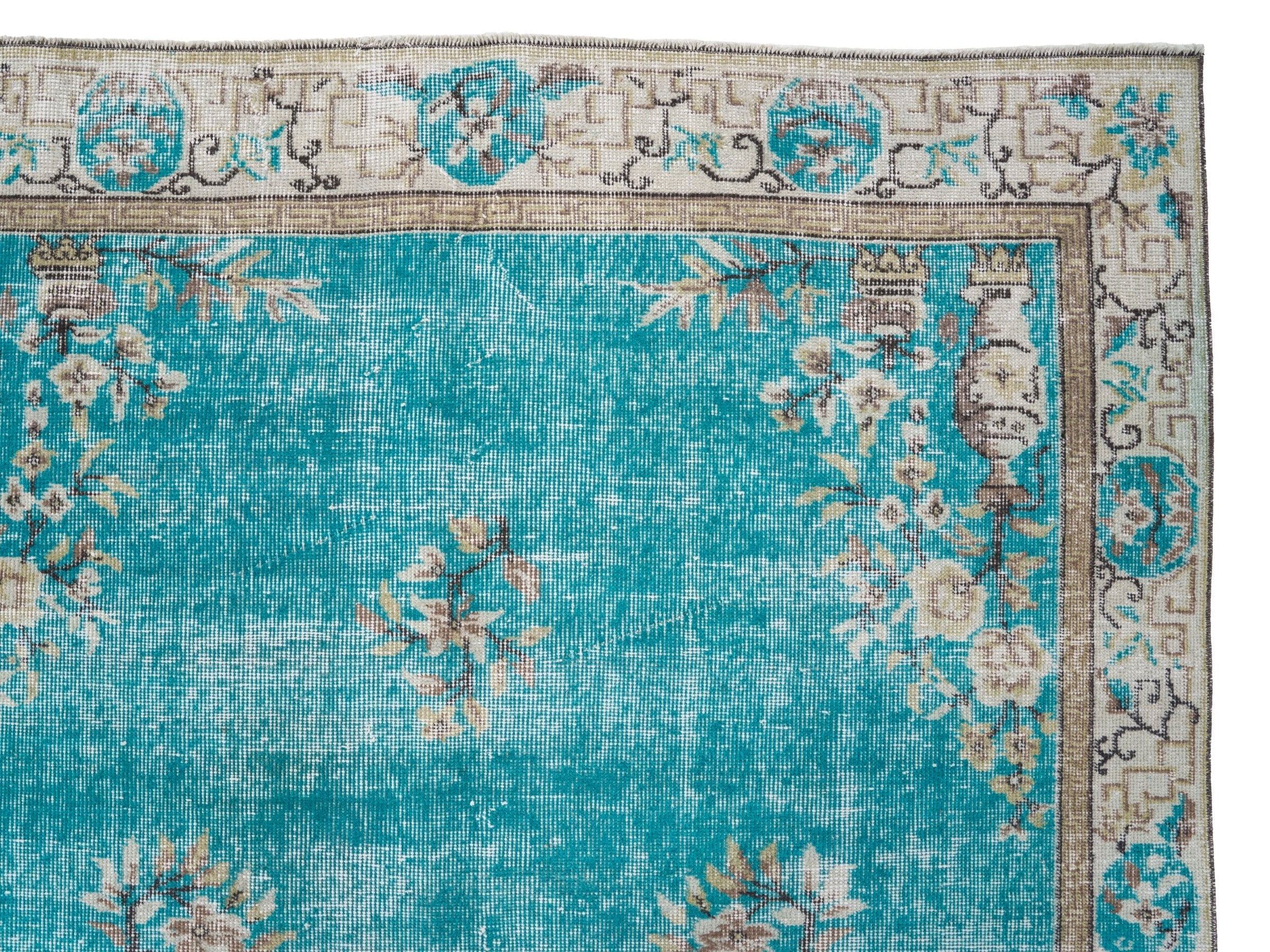 Turkish Isparta area rug in turquoise and off-white, view 8 of 10