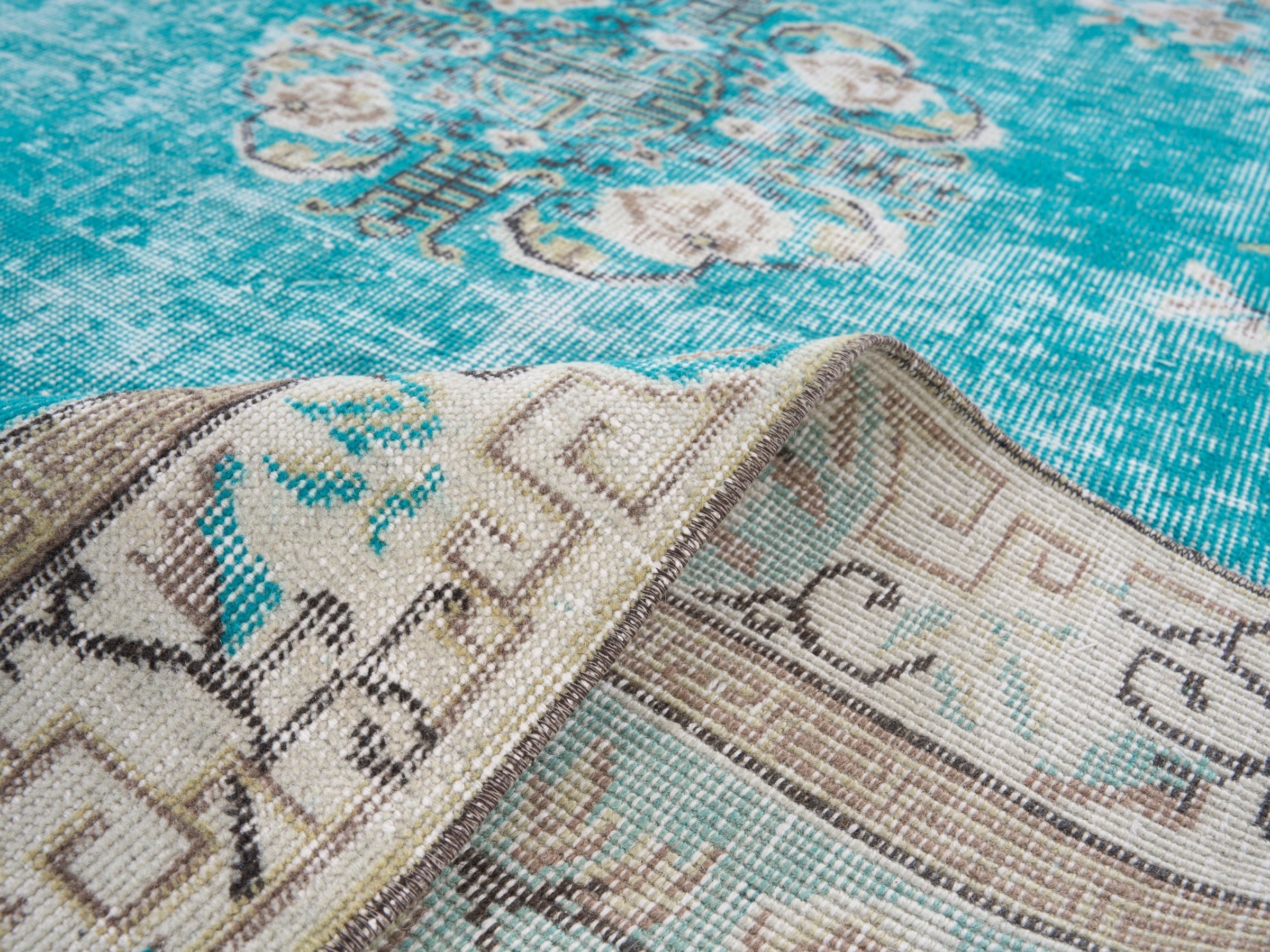 Turkish Isparta area rug in turquoise and off-white, view 9 of 10