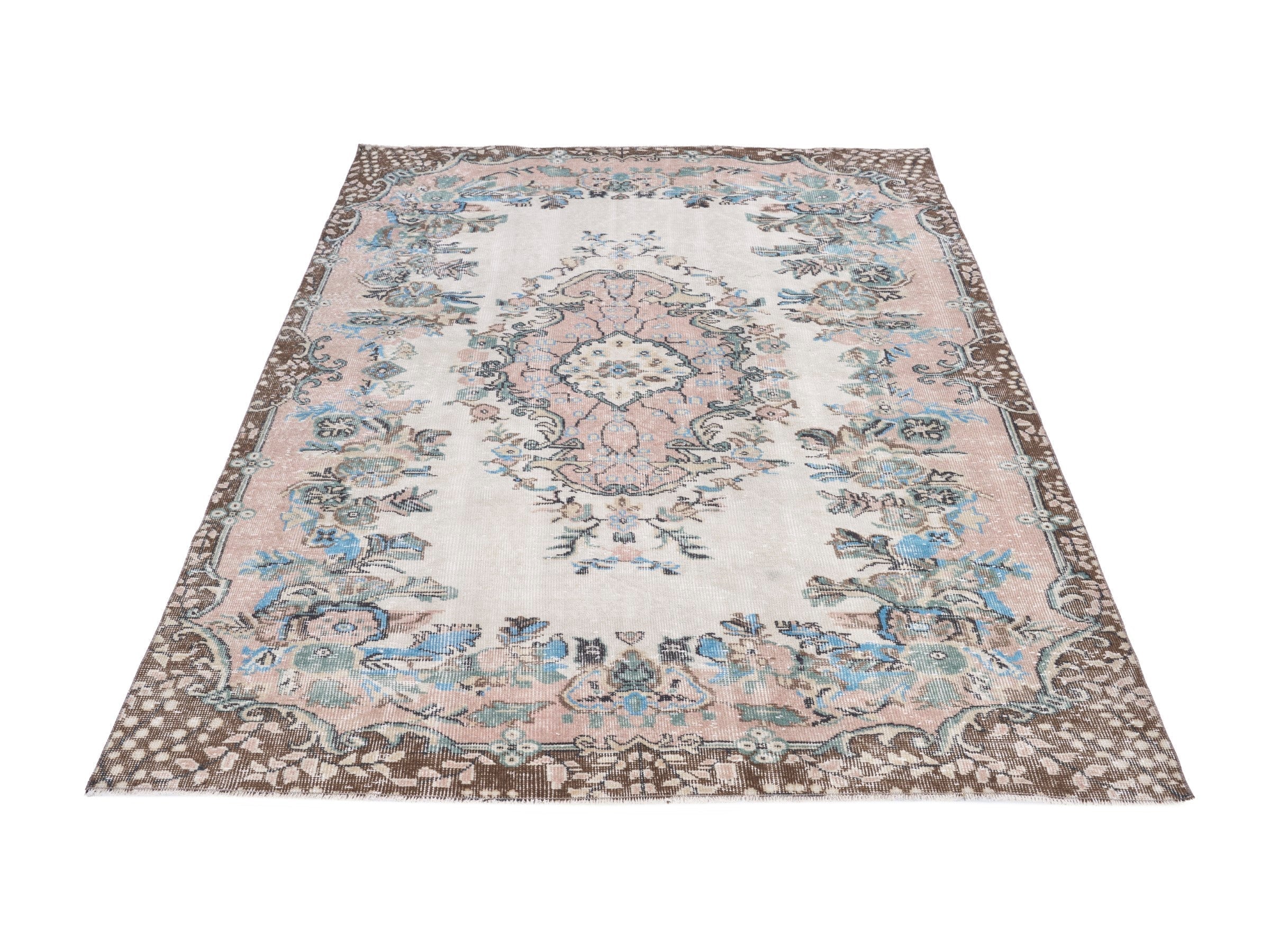 Turkish Isparta area rug in cream and muted pink, view 2 of 10