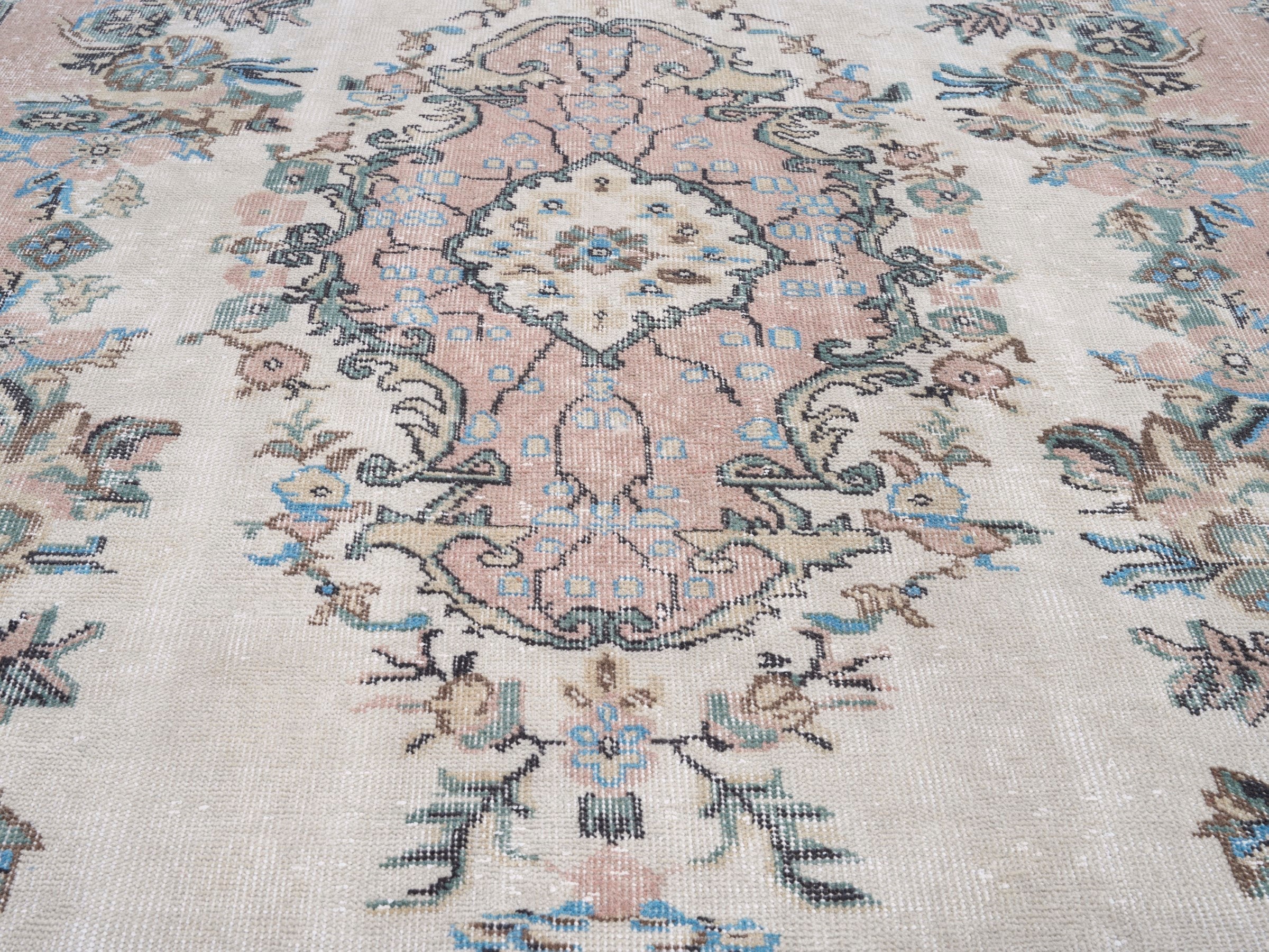 Turkish Isparta area rug in cream and muted pink, view 4 of 10