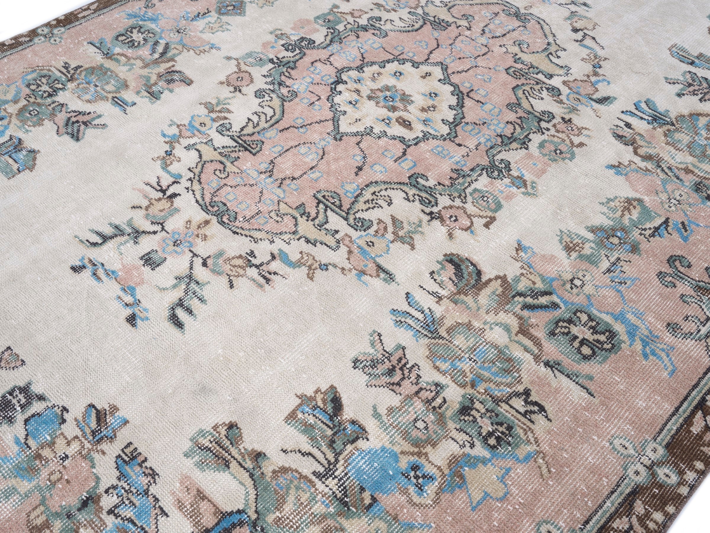 Turkish Isparta area rug in cream and muted pink, view 5 of 10