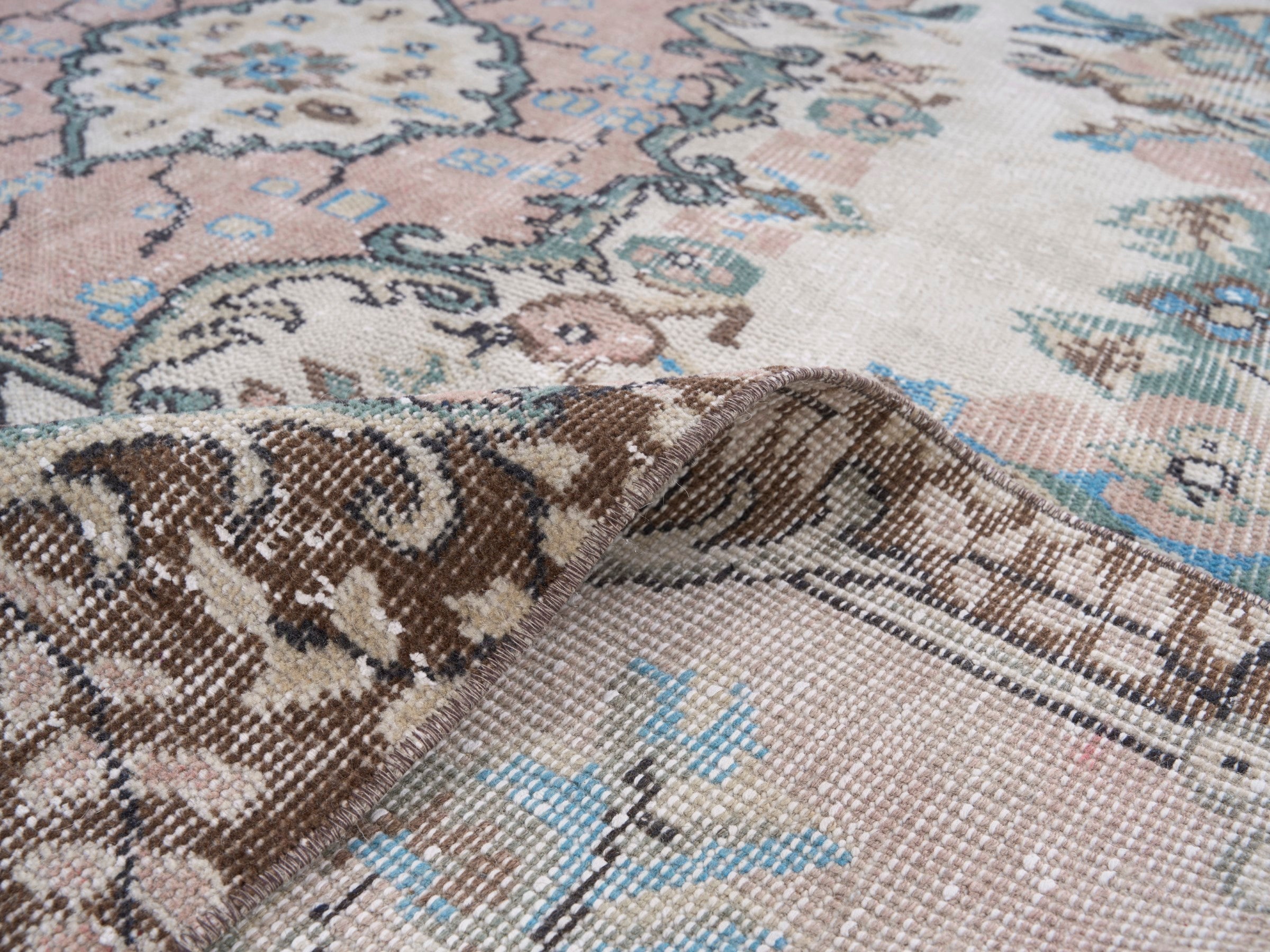 Turkish Isparta area rug in cream and muted pink, view 9 of 10
