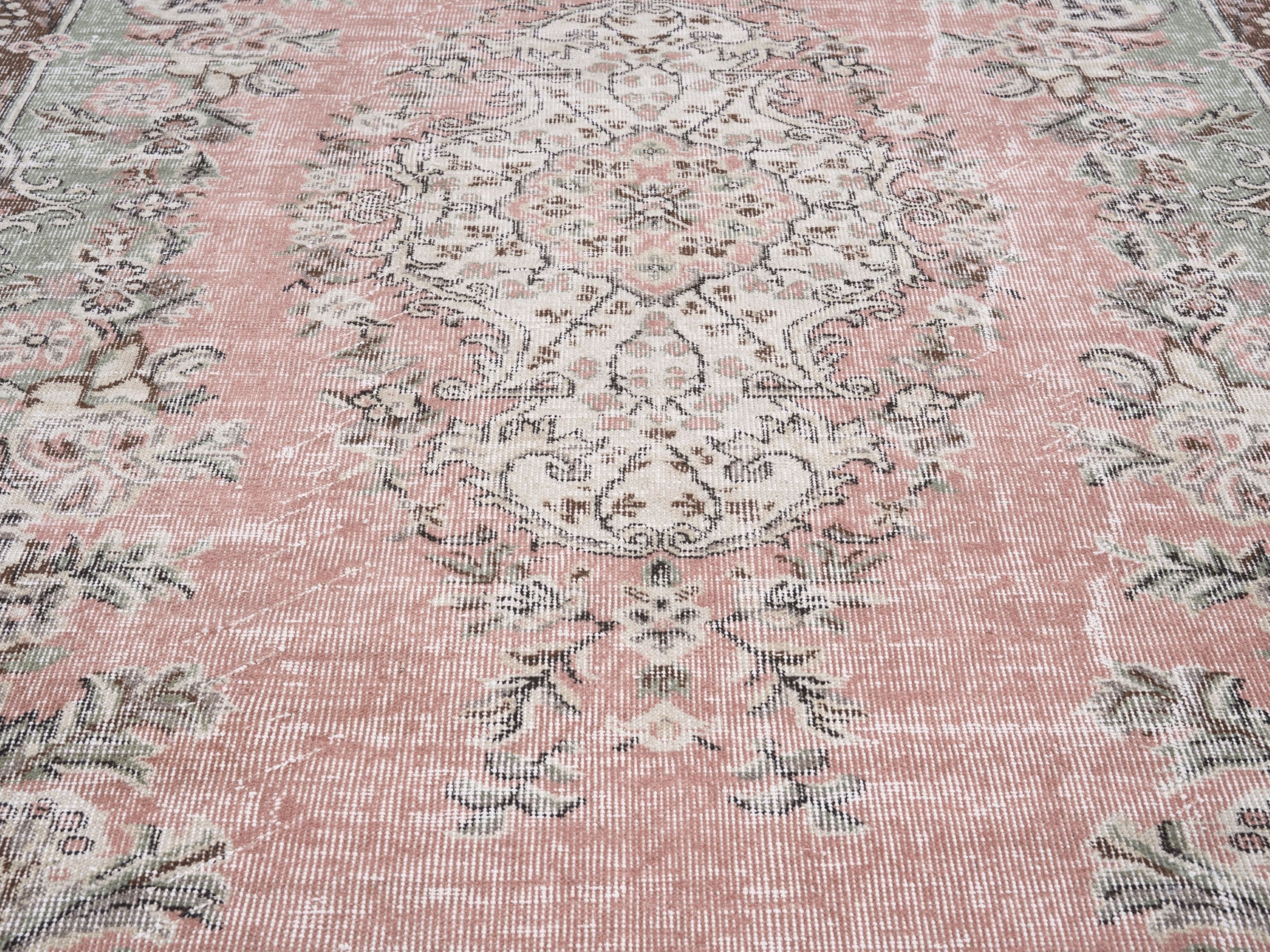 Turkish Isparta area rug in muted pink and cream, view 4 of 10