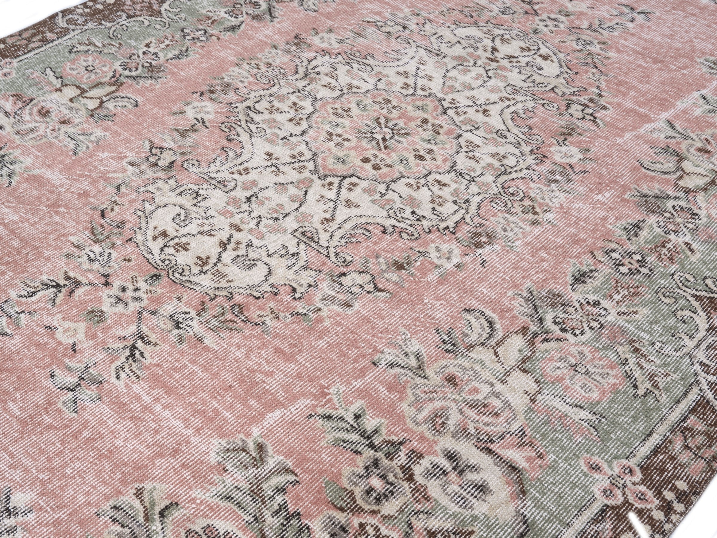 Turkish Isparta area rug in muted pink and cream, view 5 of 10