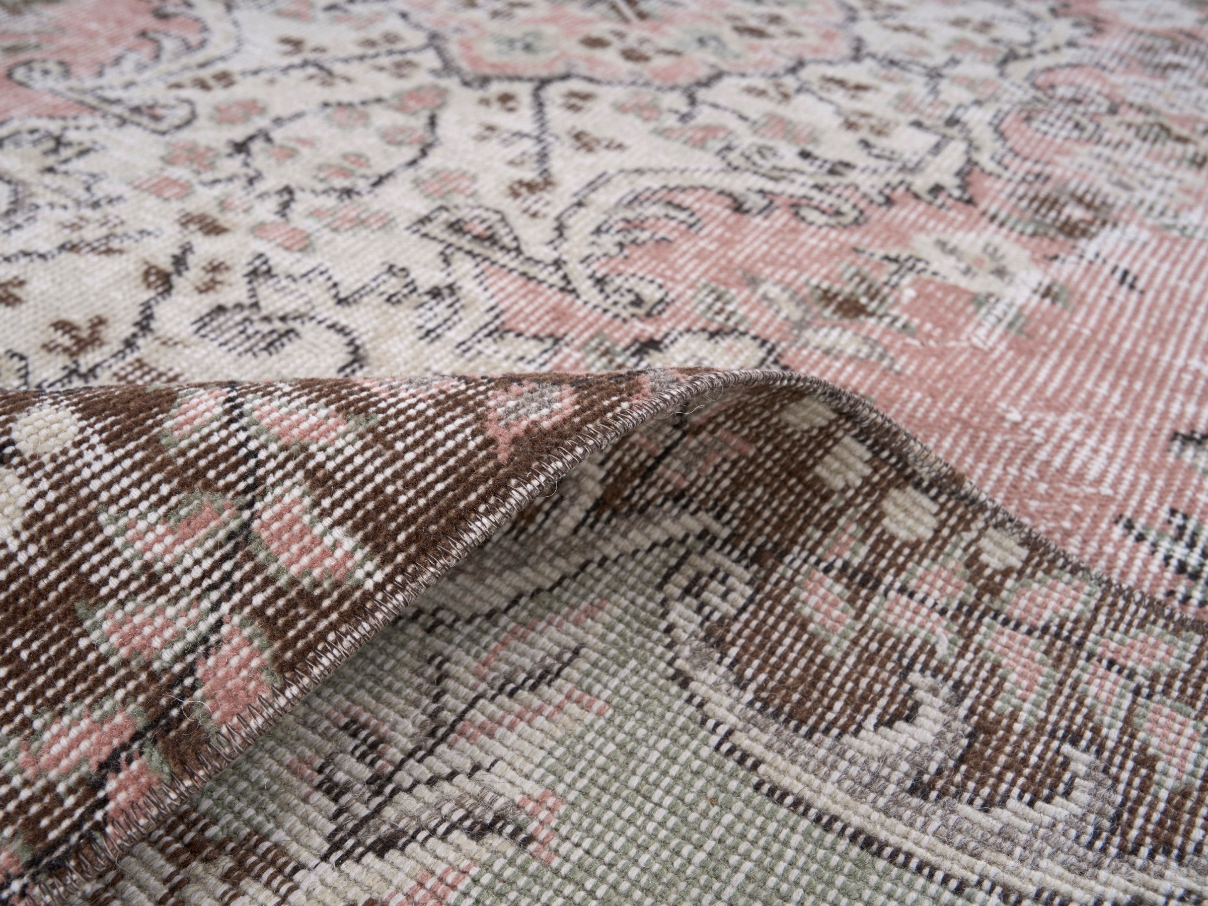 Turkish Isparta area rug in muted pink and cream, view 9 of 10