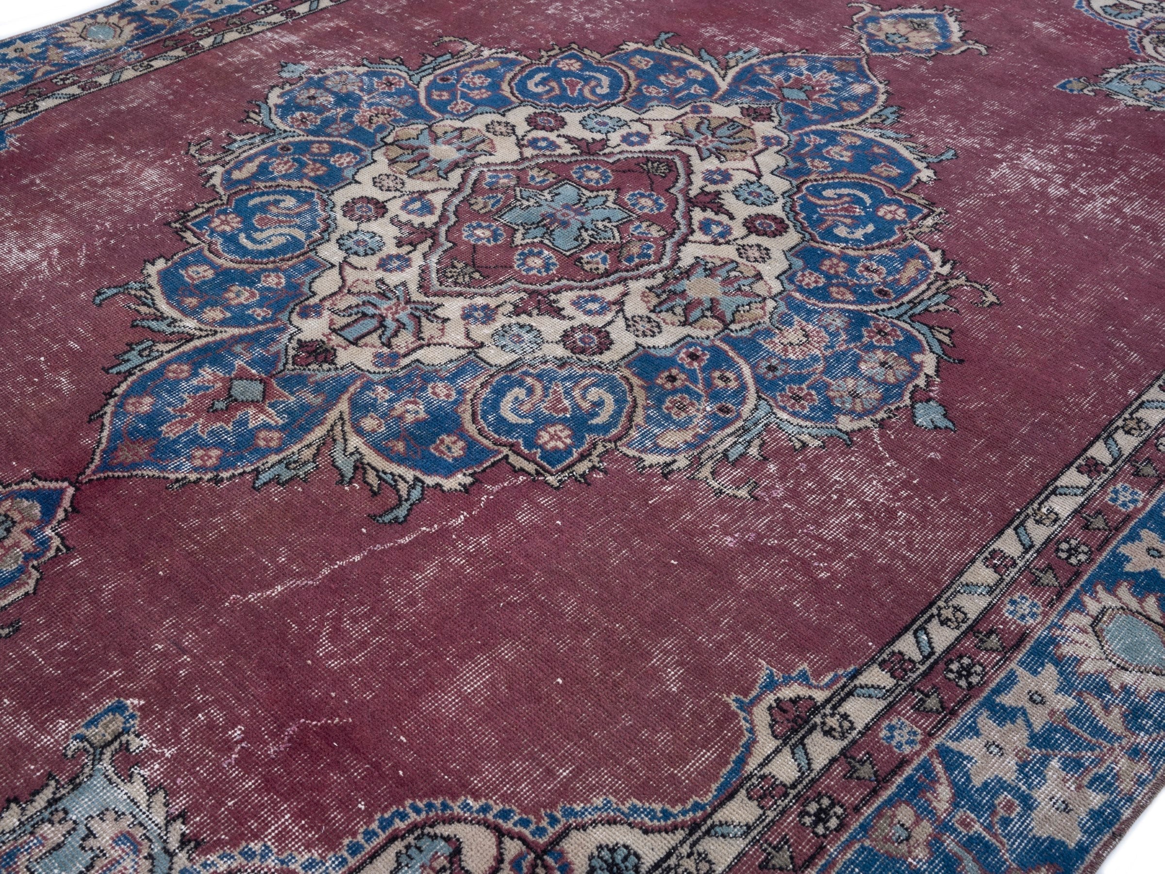 Turkish Isparta area rug in burgundy and navy, view 5 of 10