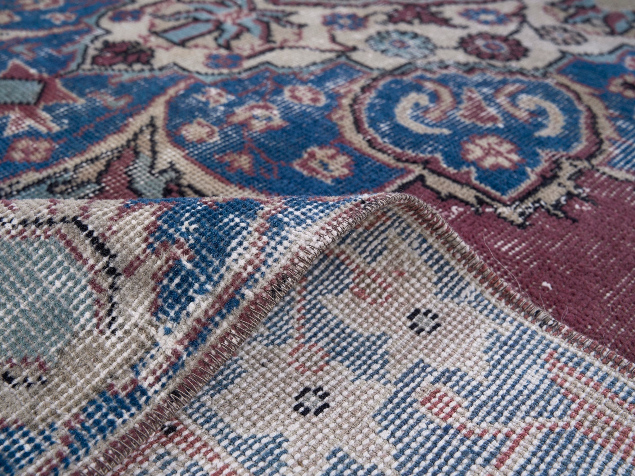 Turkish Isparta area rug in burgundy and navy, view 9 of 10