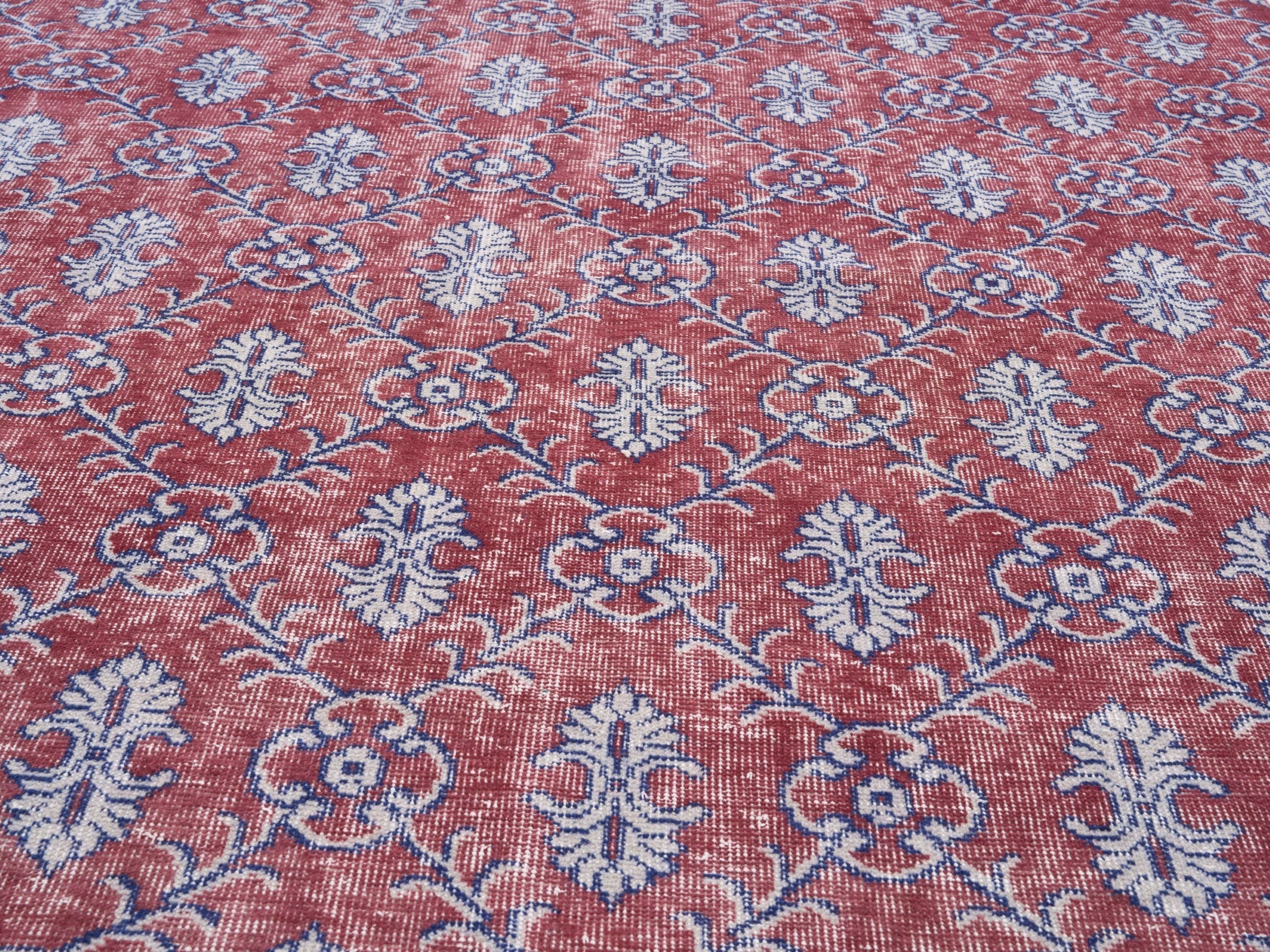 Turkish Isparta area rug in burgundy and dusty blue, view 4 of 10
