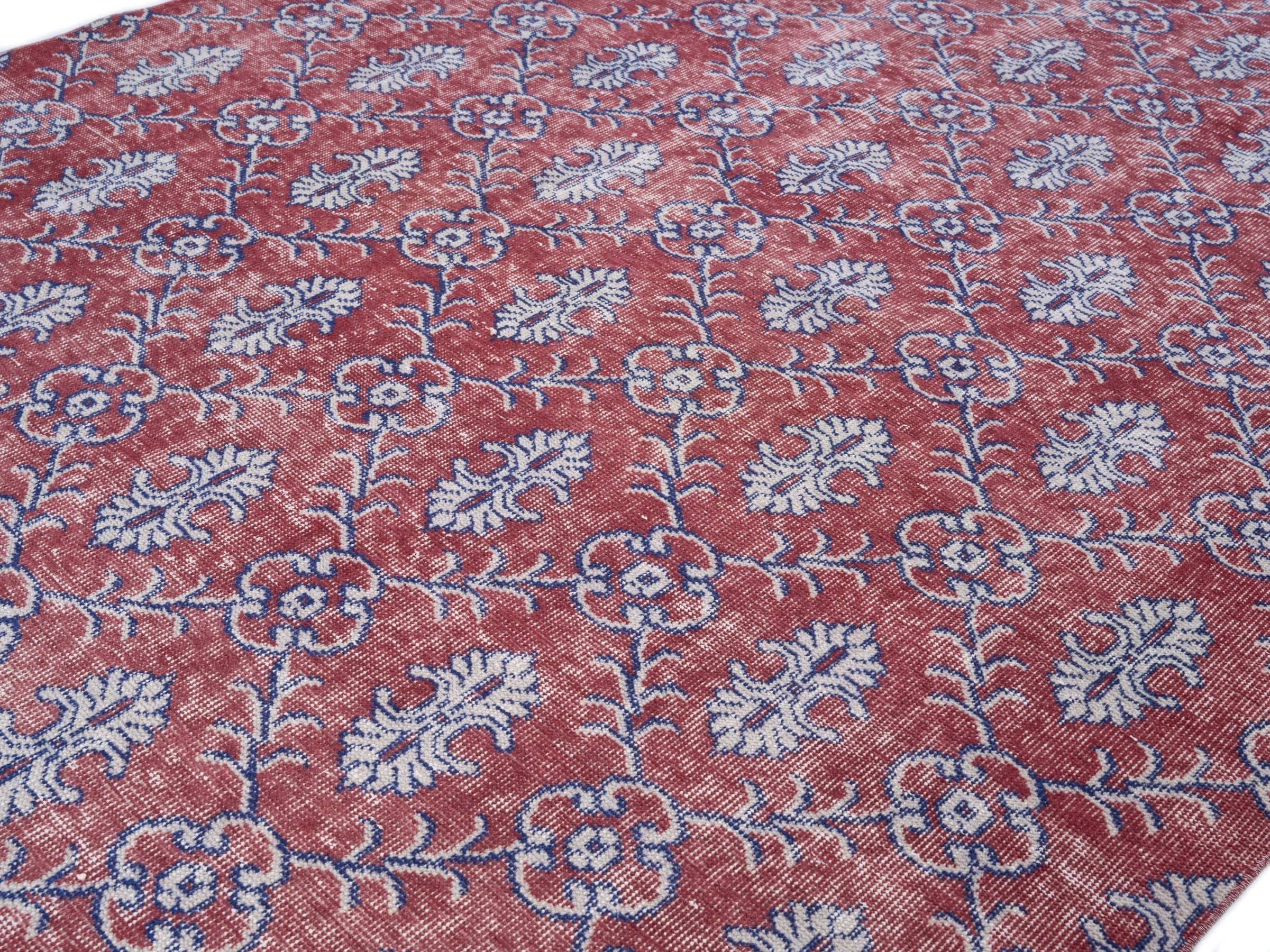Turkish Isparta area rug in burgundy and dusty blue, view 5 of 10
