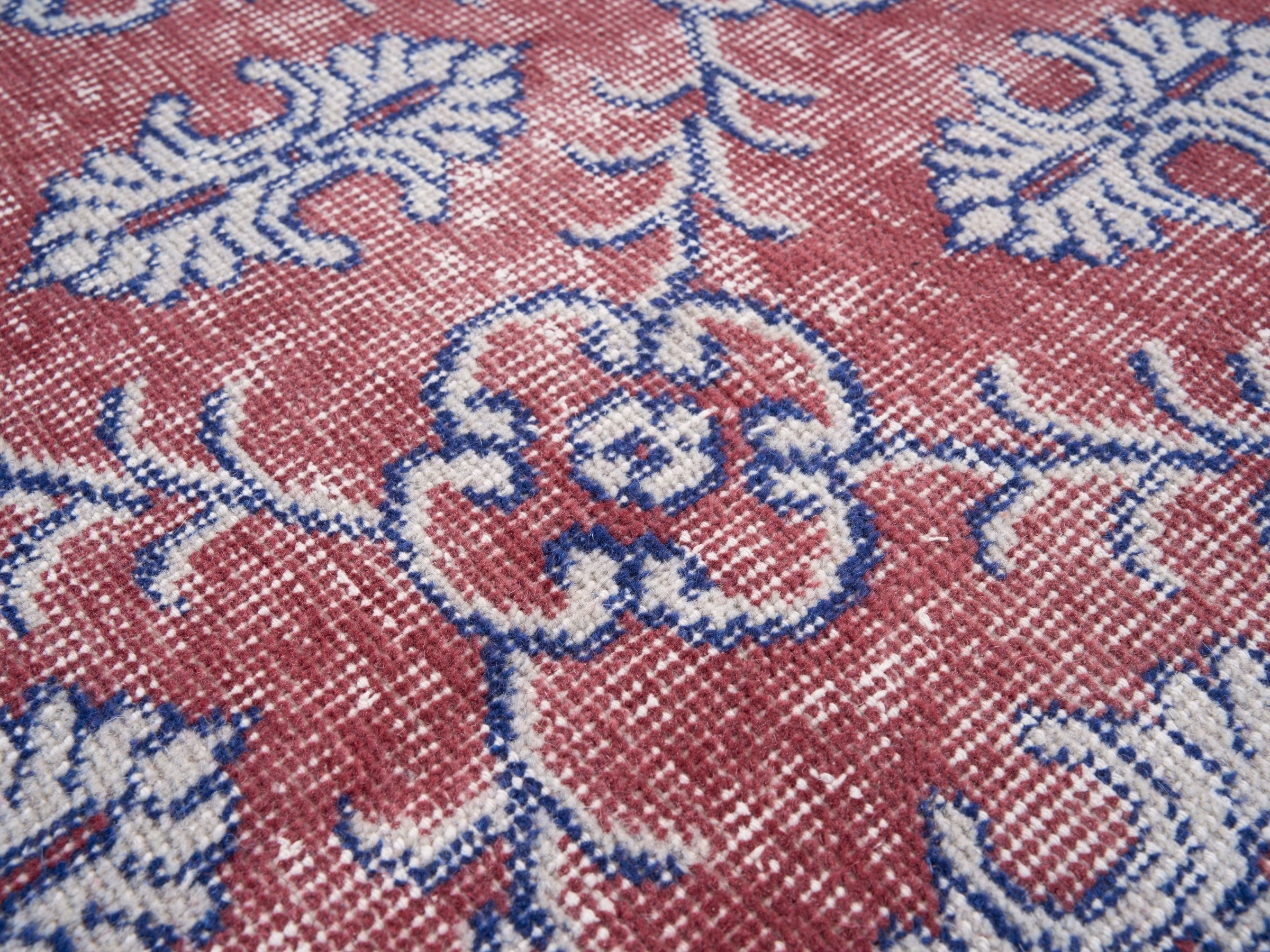 Turkish Isparta area rug in burgundy and dusty blue, view 7 of 10