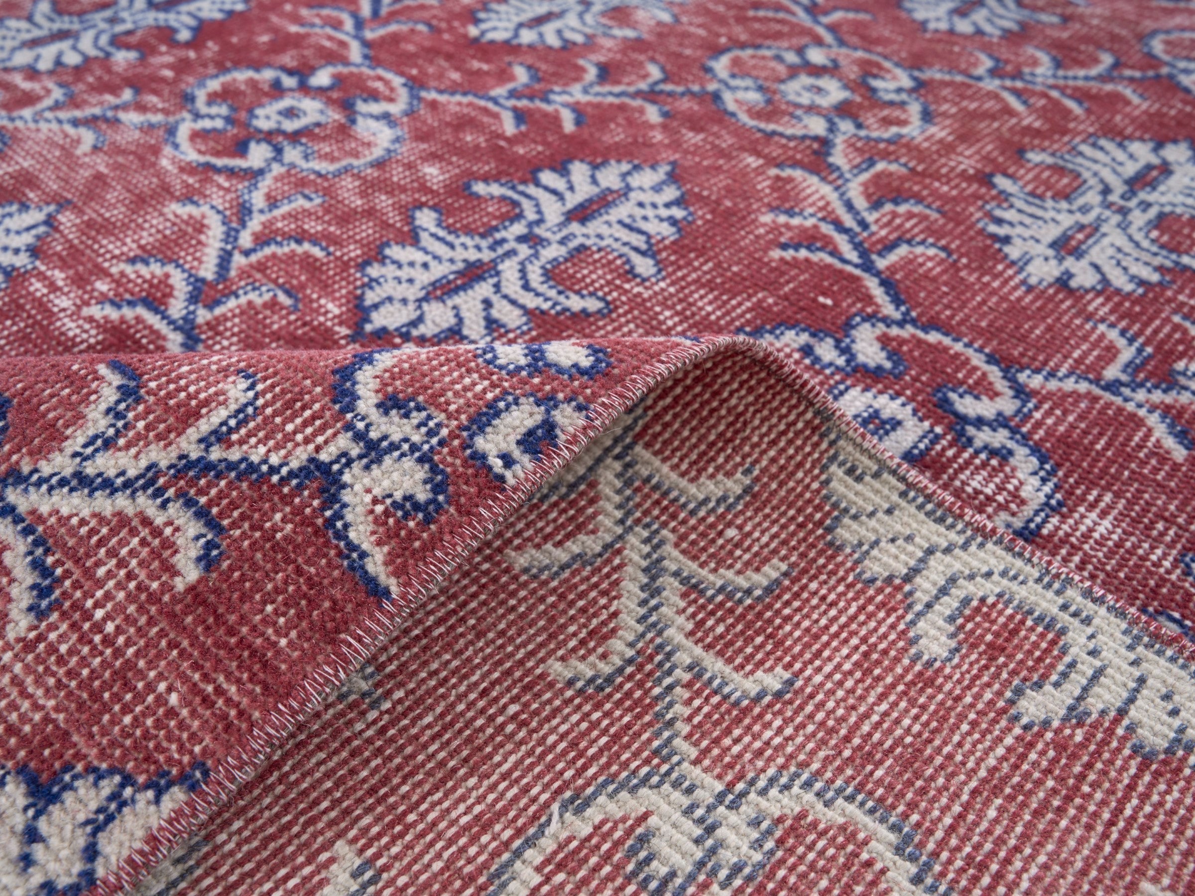 Turkish Isparta area rug in burgundy and dusty blue, view 9 of 10
