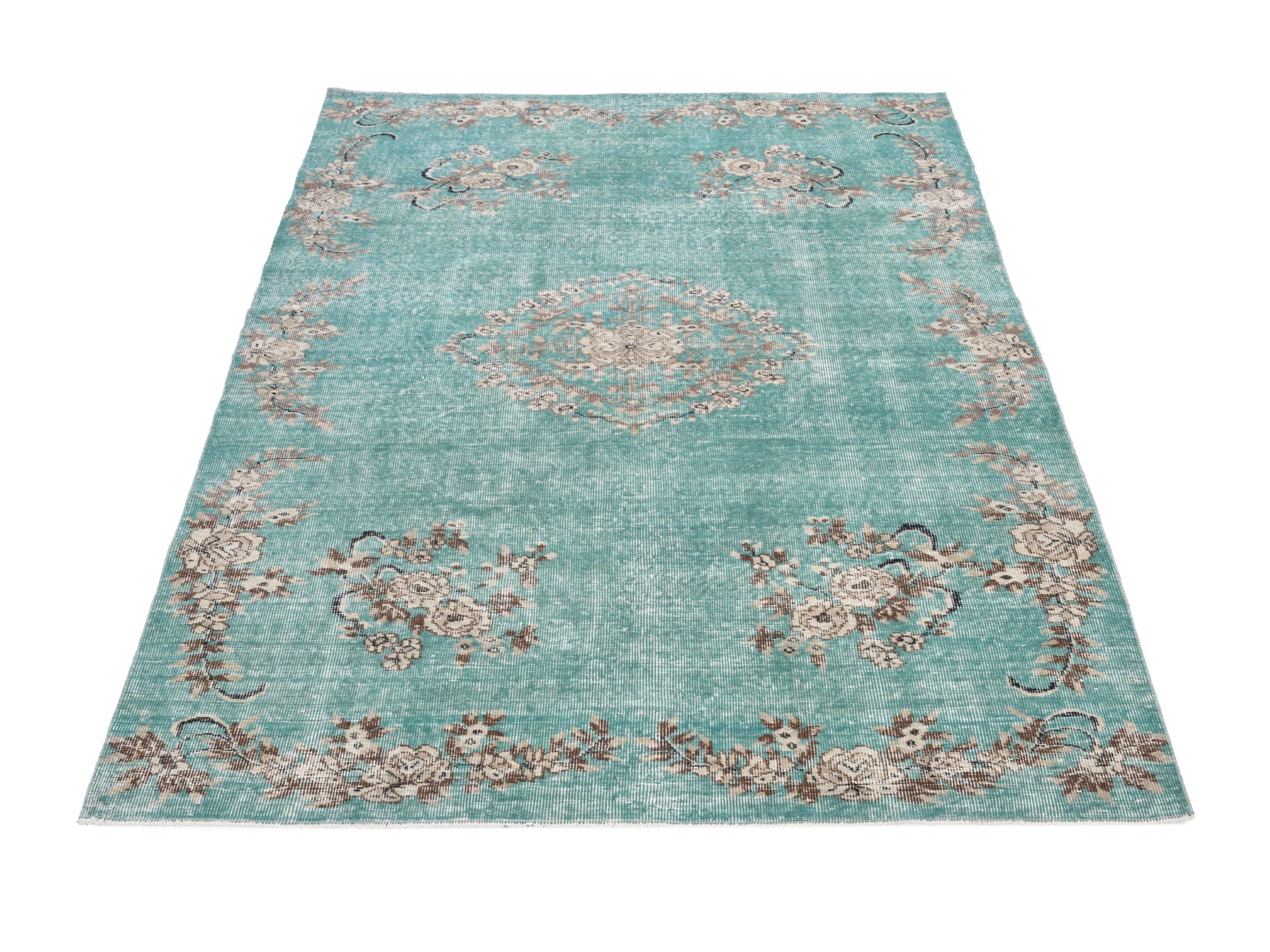 Turkish Isparta area rug in turquoise and greige, view 2 of 10