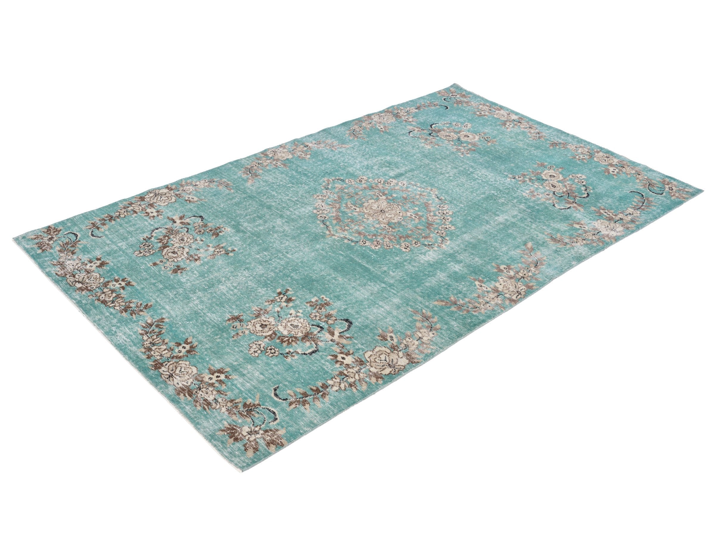 Turkish Isparta area rug in turquoise and greige, view 3 of 10