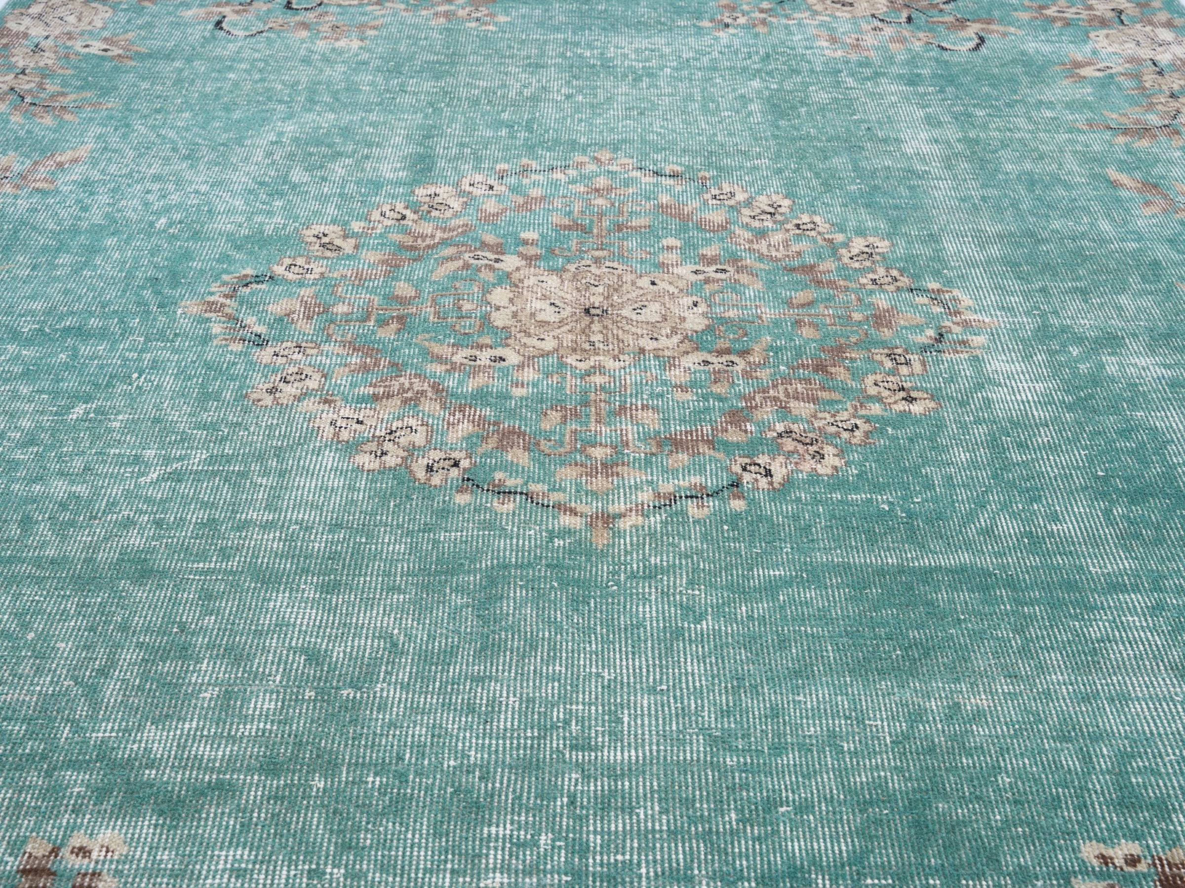 Turkish Isparta area rug in turquoise and greige, view 4 of 10