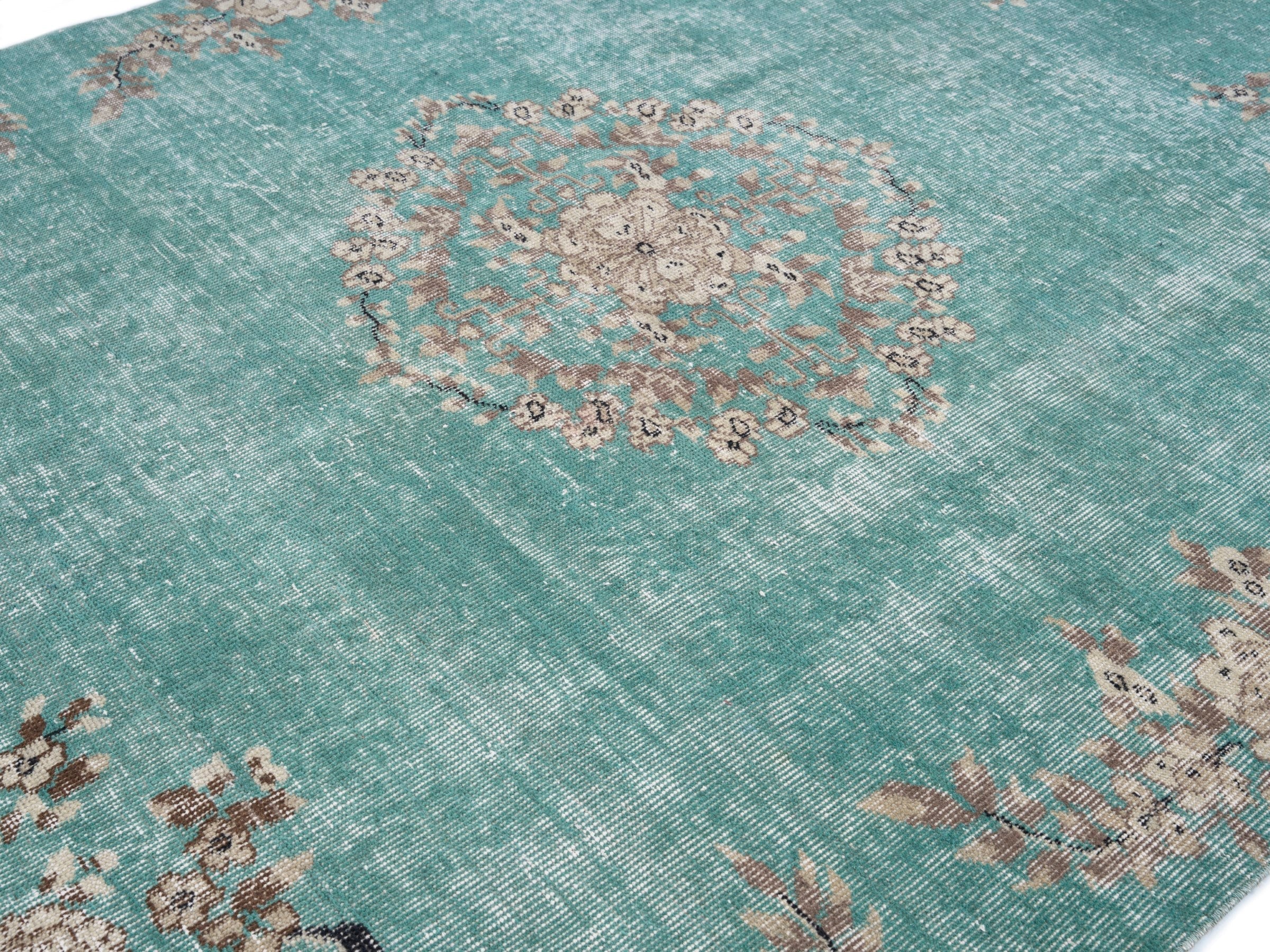 Turkish Isparta area rug in turquoise and greige, view 5 of 10