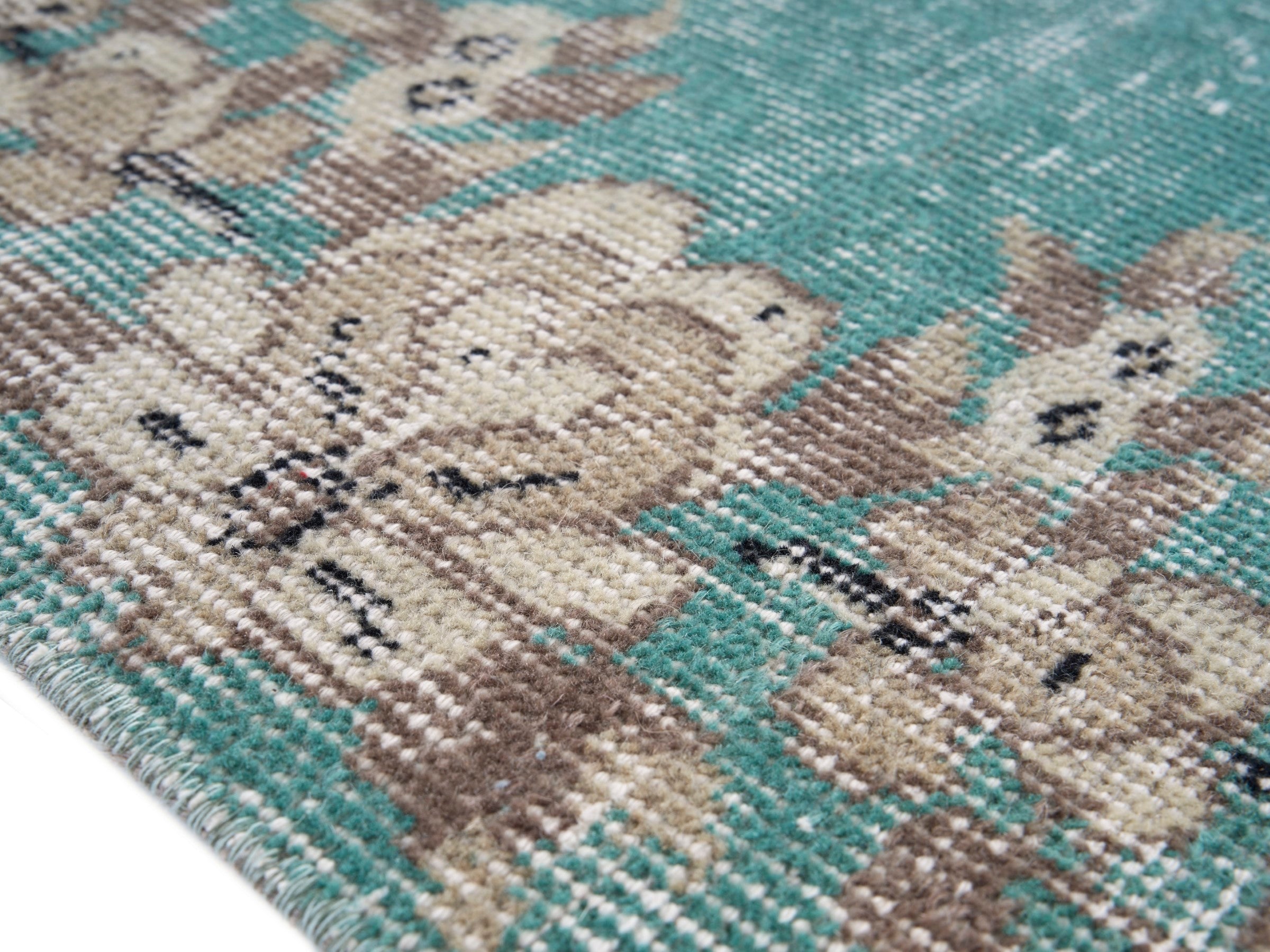 Turkish Isparta area rug in turquoise and greige, view 6 of 10