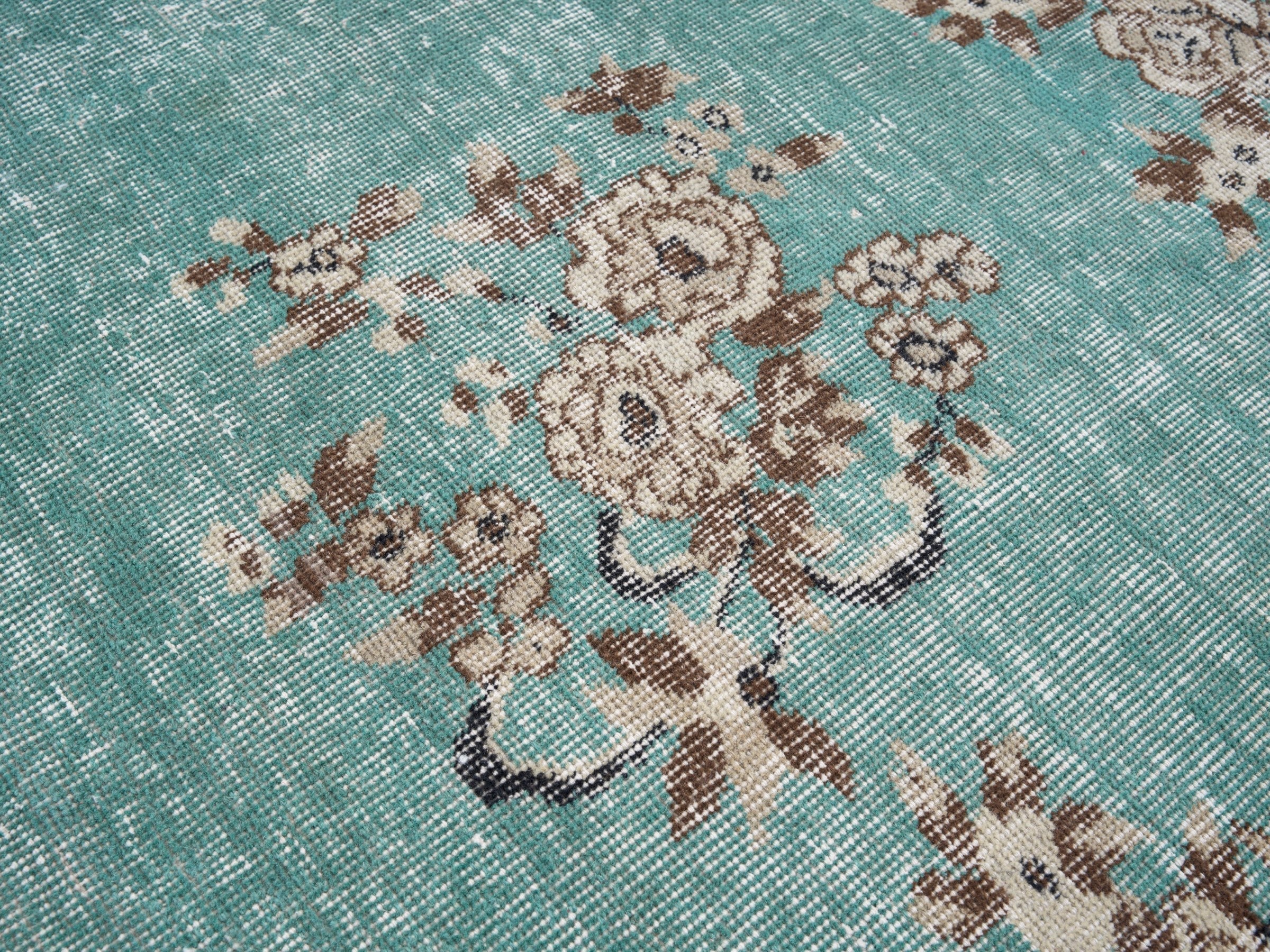 Turkish Isparta area rug in turquoise and greige, view 7 of 10