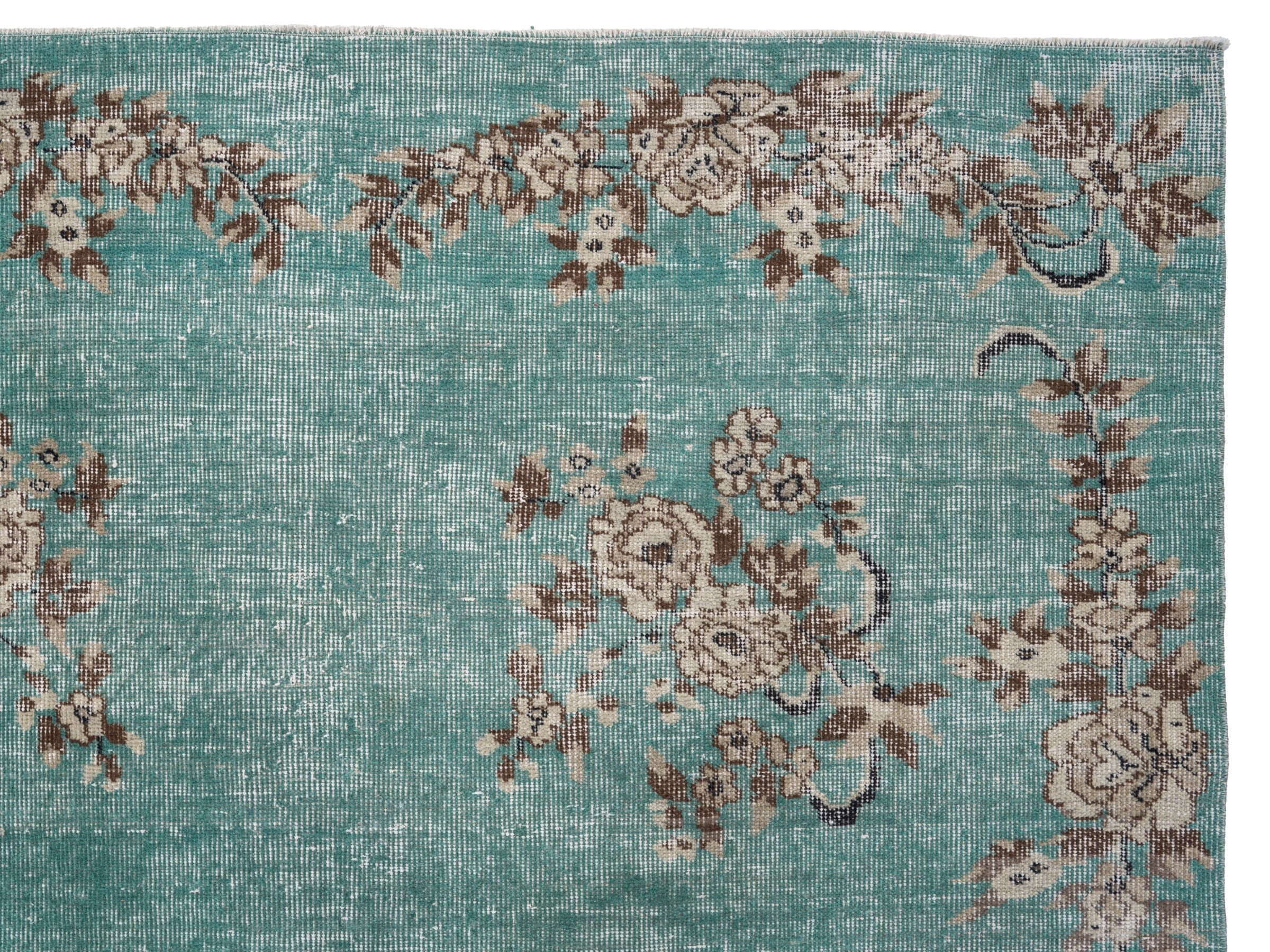 Turkish Isparta area rug in turquoise and greige, view 8 of 10