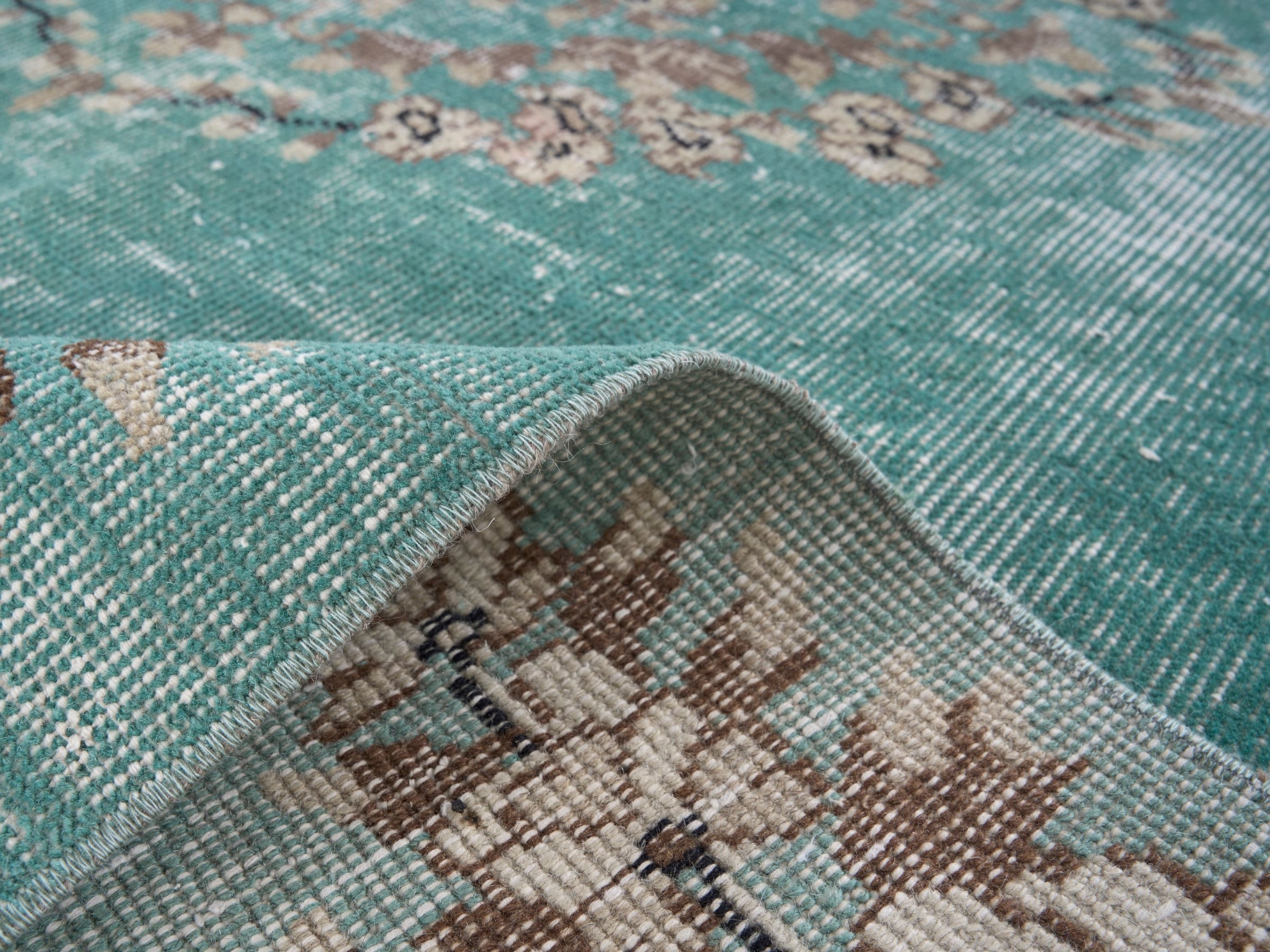 Turkish Isparta area rug in turquoise and greige, view 9 of 10