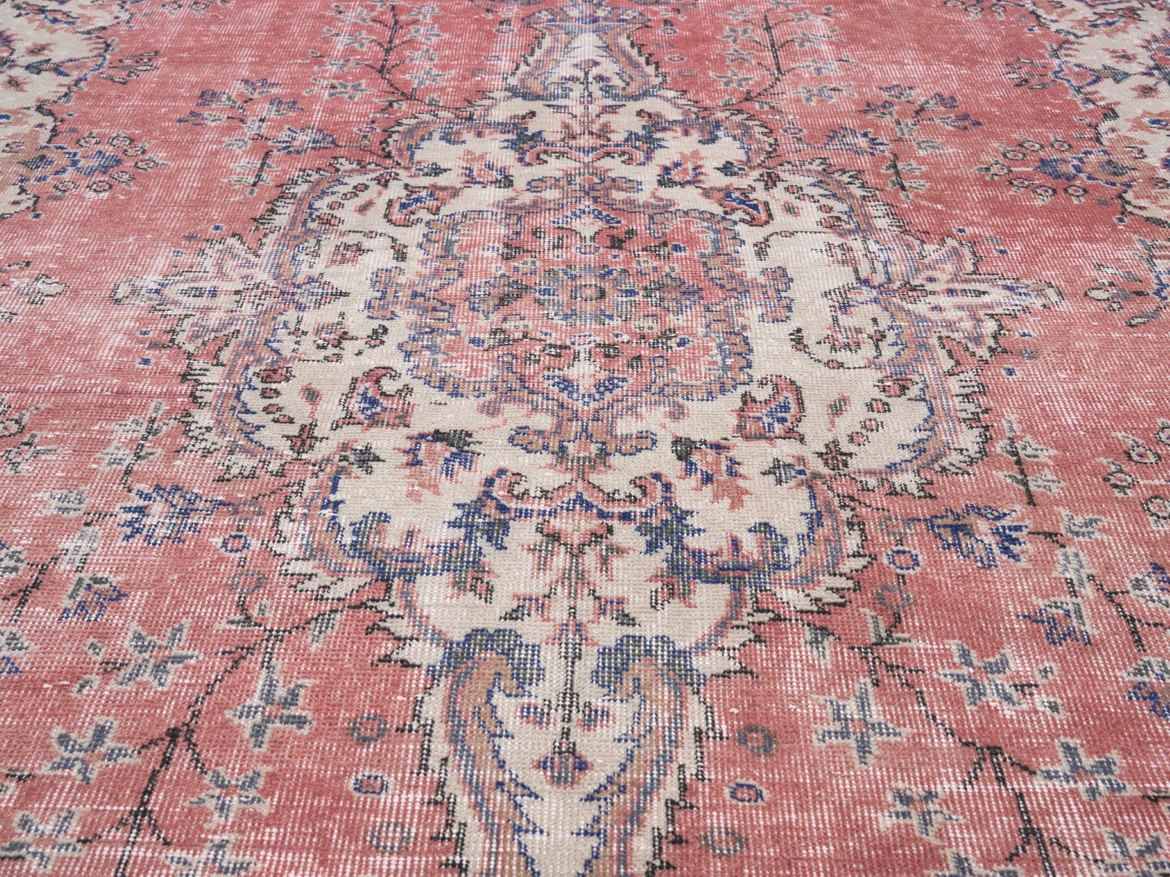 Turkish Isparta area rug in dusty rose and cream, view 4 of 10