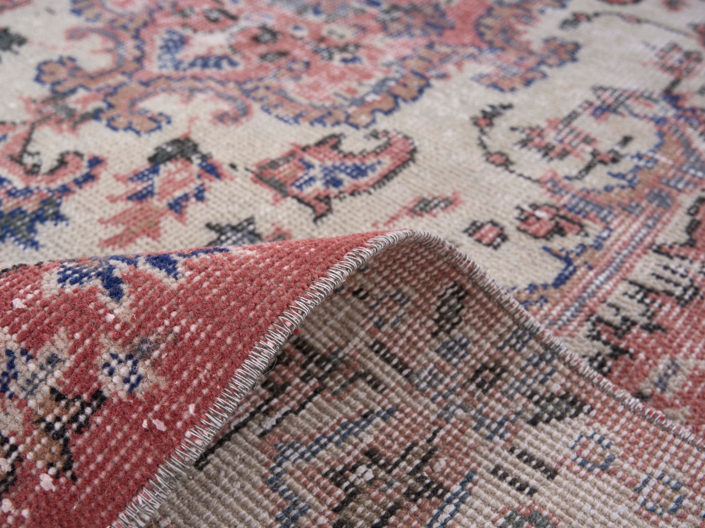 Turkish Isparta area rug in dusty rose and cream, view 9 of 10