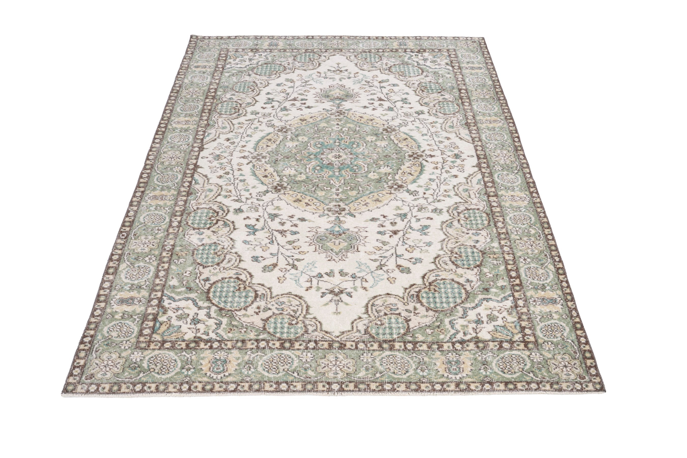 Turkish Isparta area rug in cream and sage, view 2 of 10