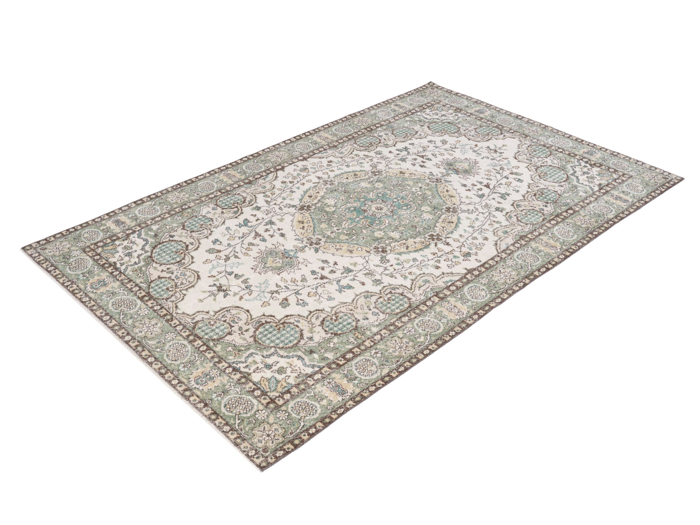 Turkish Isparta area rug in cream and sage, view 3 of 10