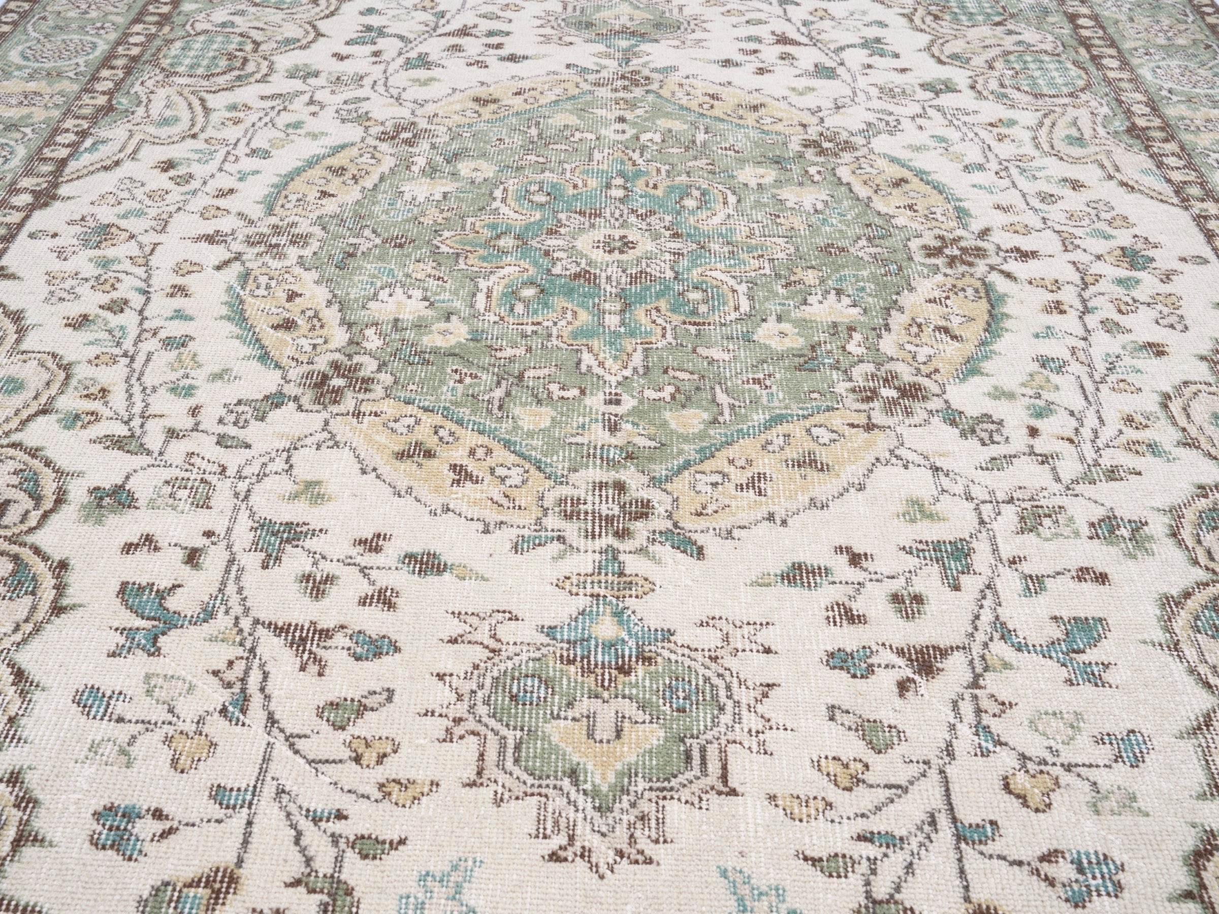 Turkish Isparta area rug in cream and sage, view 4 of 10