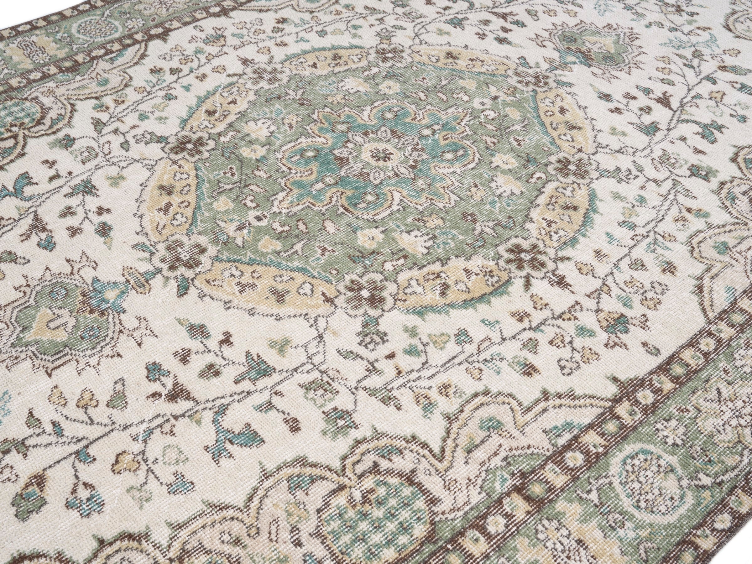 Turkish Isparta area rug in cream and sage, view 5 of 10