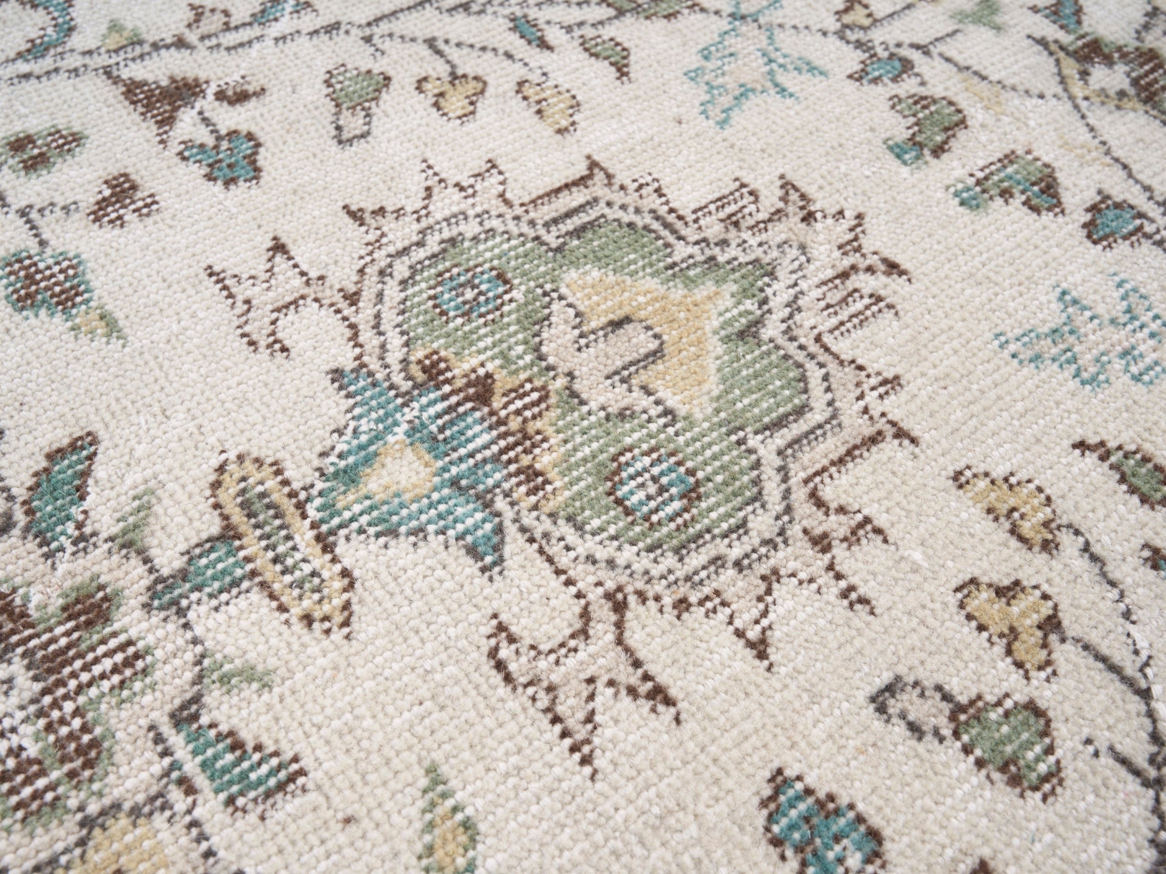 Turkish Isparta area rug in cream and sage, view 7 of 10