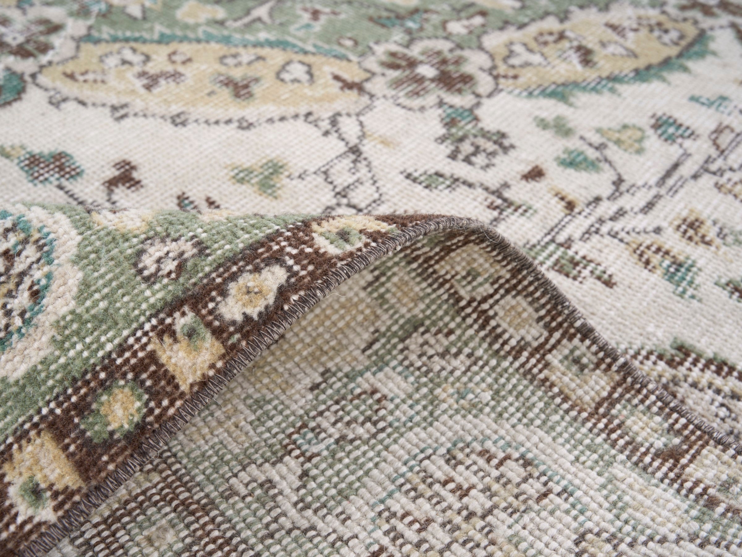 Turkish Isparta area rug in cream and sage, view 9 of 10