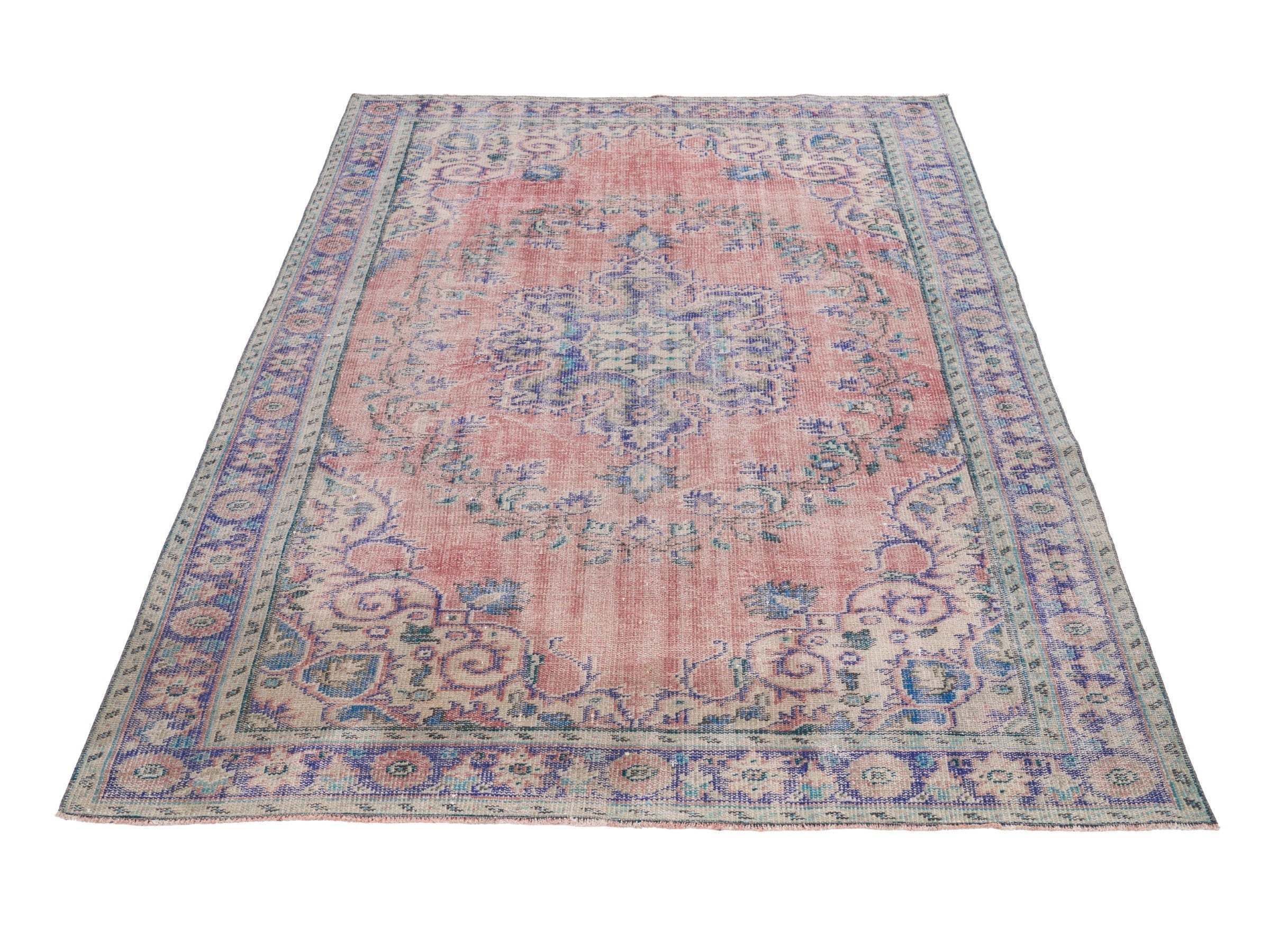 Turkish Manisa area rug in dusty rose and denim, view 2 of 10